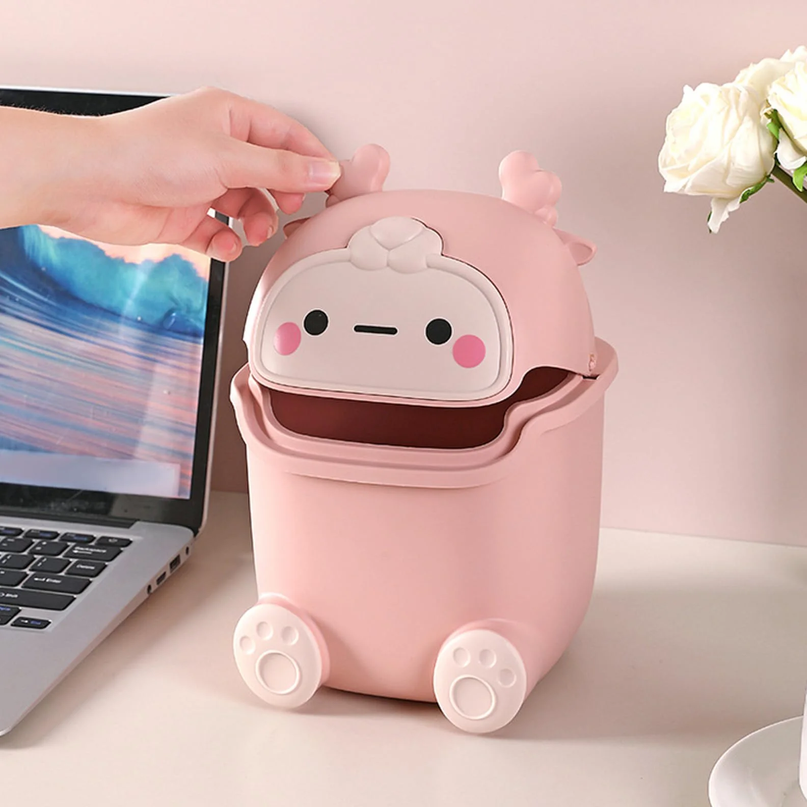 Poubelle en Plastique 2 Litres Mignonne pour Chambre Bureau Chat Enfants Rose