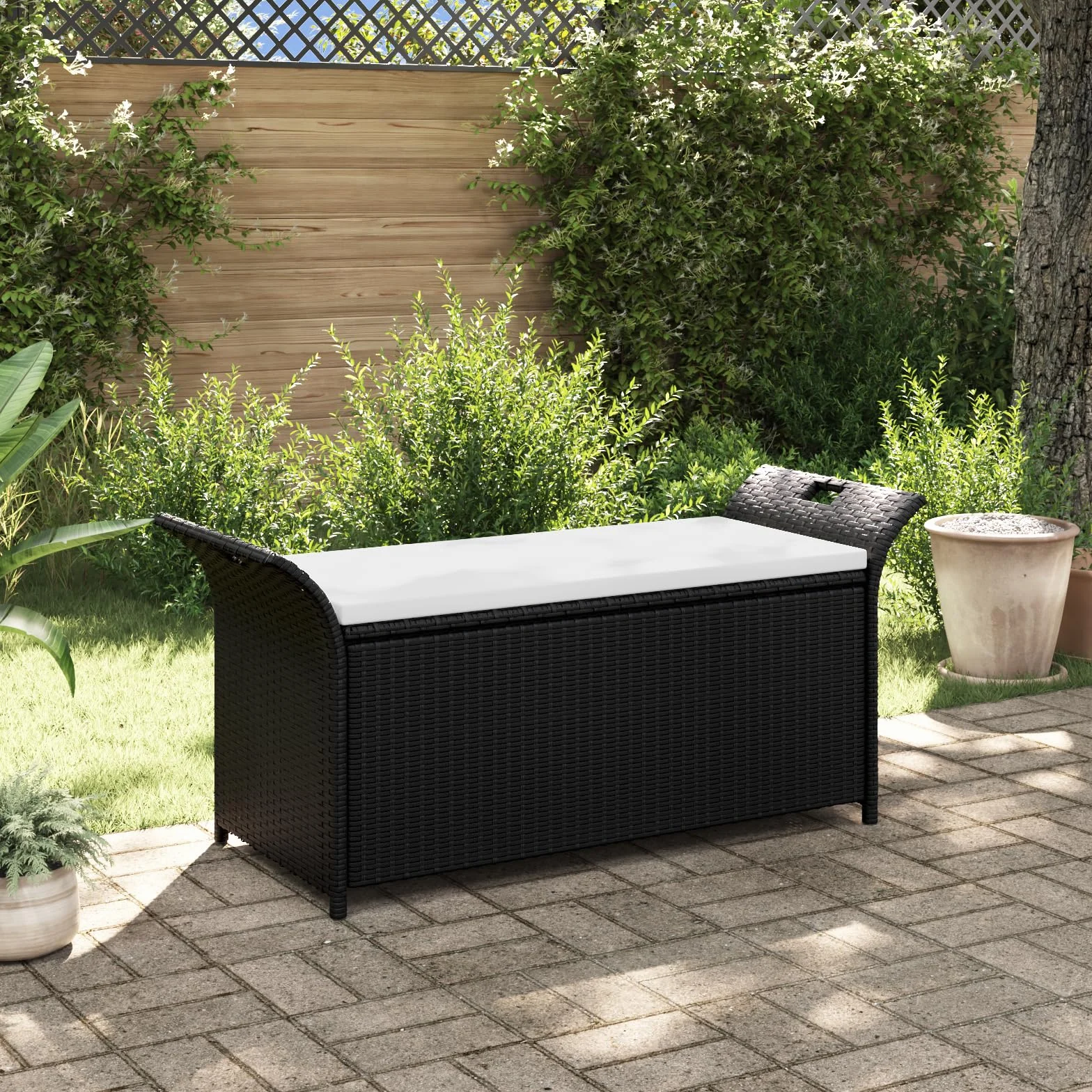 vidaXL Banc de Rangement Résine Tressée Noir/Blanc Crème Banquette