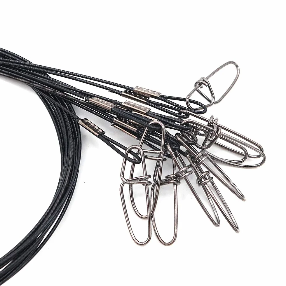 Lot de 20 câbles de pêche en acier inoxydable avec émerillons et boutons-pression, haute résistance pour ligne de pêche – 66,7 kg – Noir