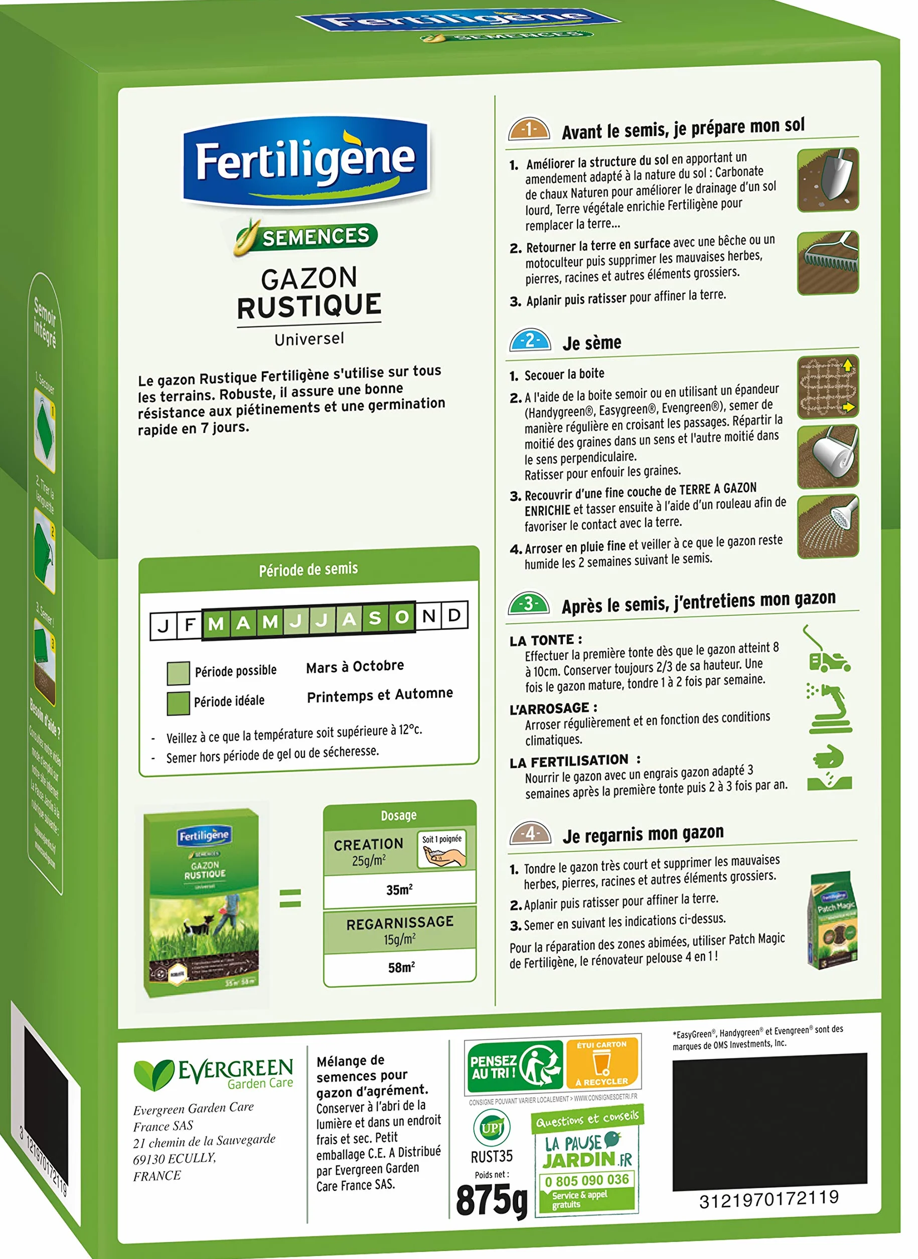 FERTILIGENE RUST35 Semences Gazon Rustique Universel 875 g Résiste aux piétinements 35 m²