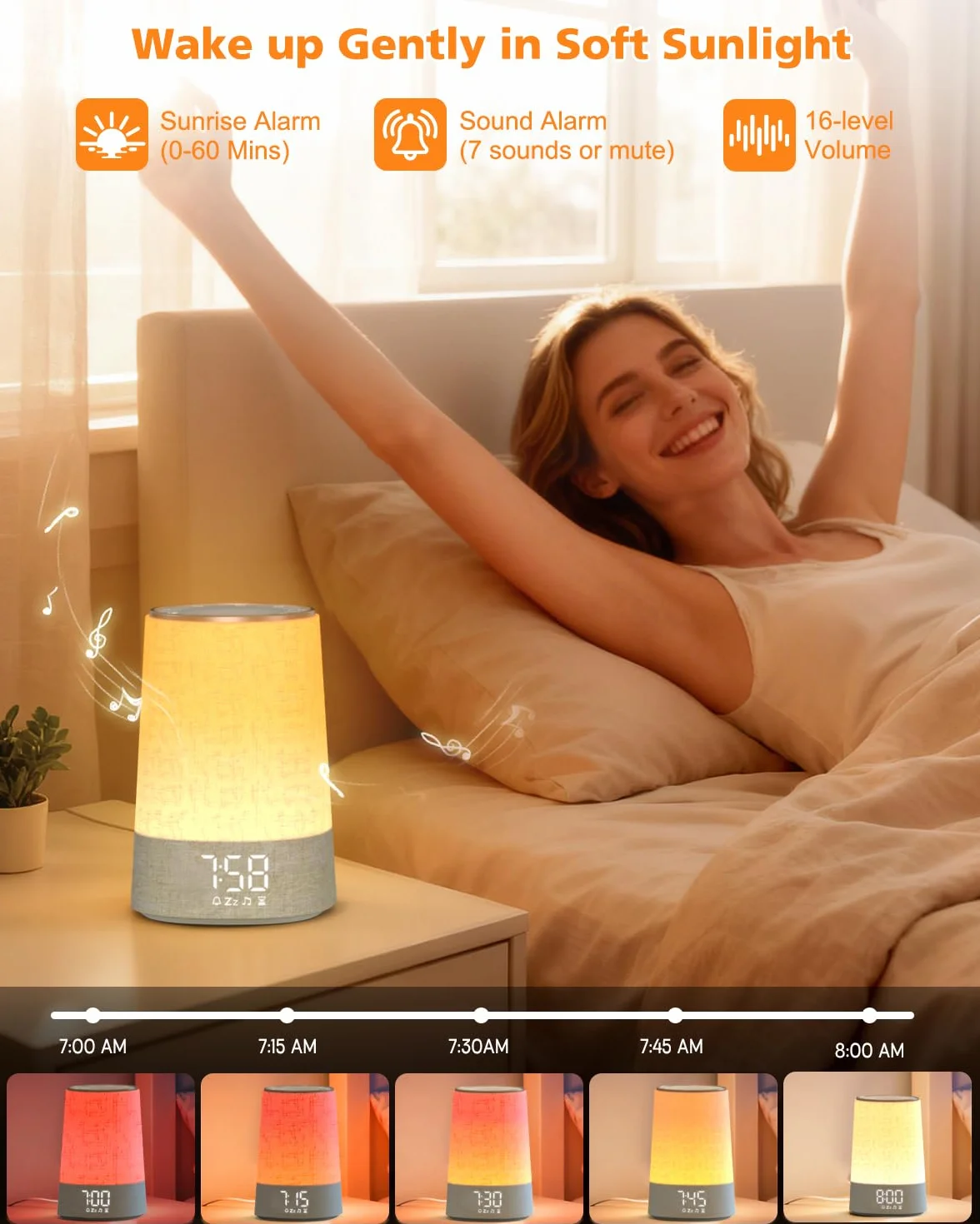 Réveil Lumineux Simulateur d'Aube, Lampe de Réveil LED 7 Sonneries 30 Sons Naturels, Snooze, Minuteur, 10 Niveaux Luminosité