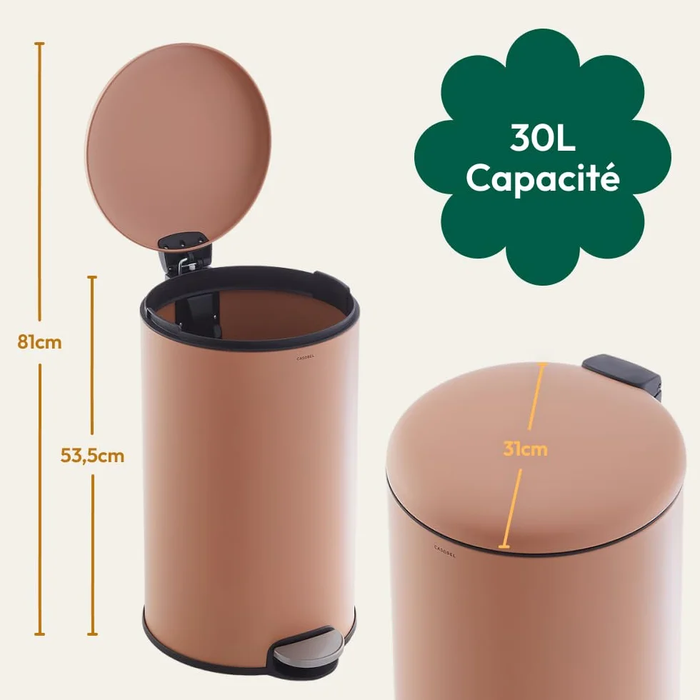 Poubelle Cuisine 30 L Acier Inox Anti-Traces avec Pédale Ronde Terracotta