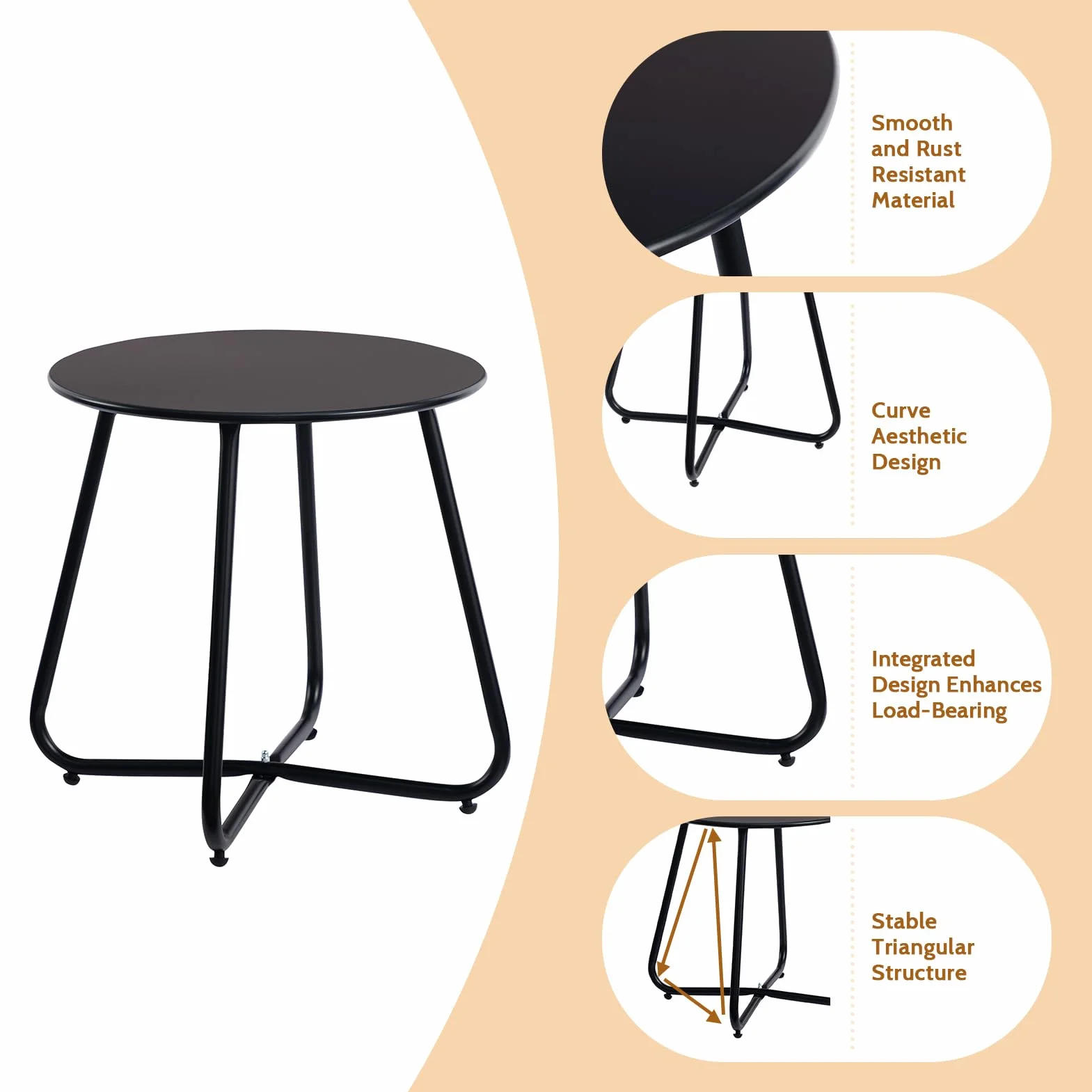 HollyHOME Petite Table Exterieur Ronde Table Basse Patio Métal Noir