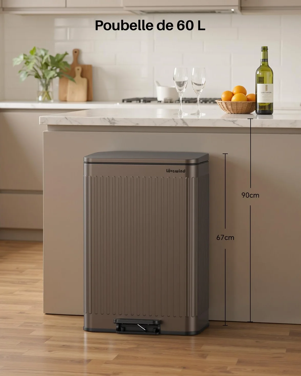 lovewind Poubelle 60L Inox Brun à Pédales, Couvercle Silencieux, Seau Intérieur avec Poignées