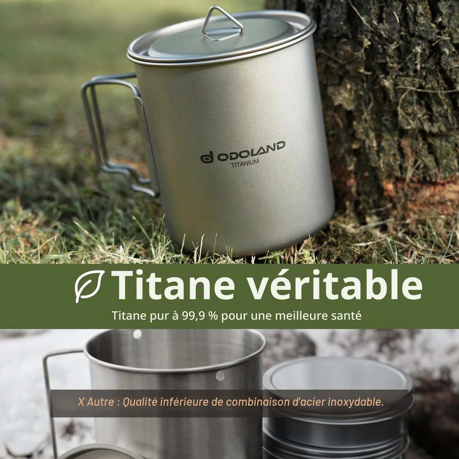 Odoland Pot en Titane 420ml Ultraléger Portable Tasse à Eau en Titane, Tasse de Camping avec Couvercle et Spork pour Camping, Randonnée, Voyage et Trekking