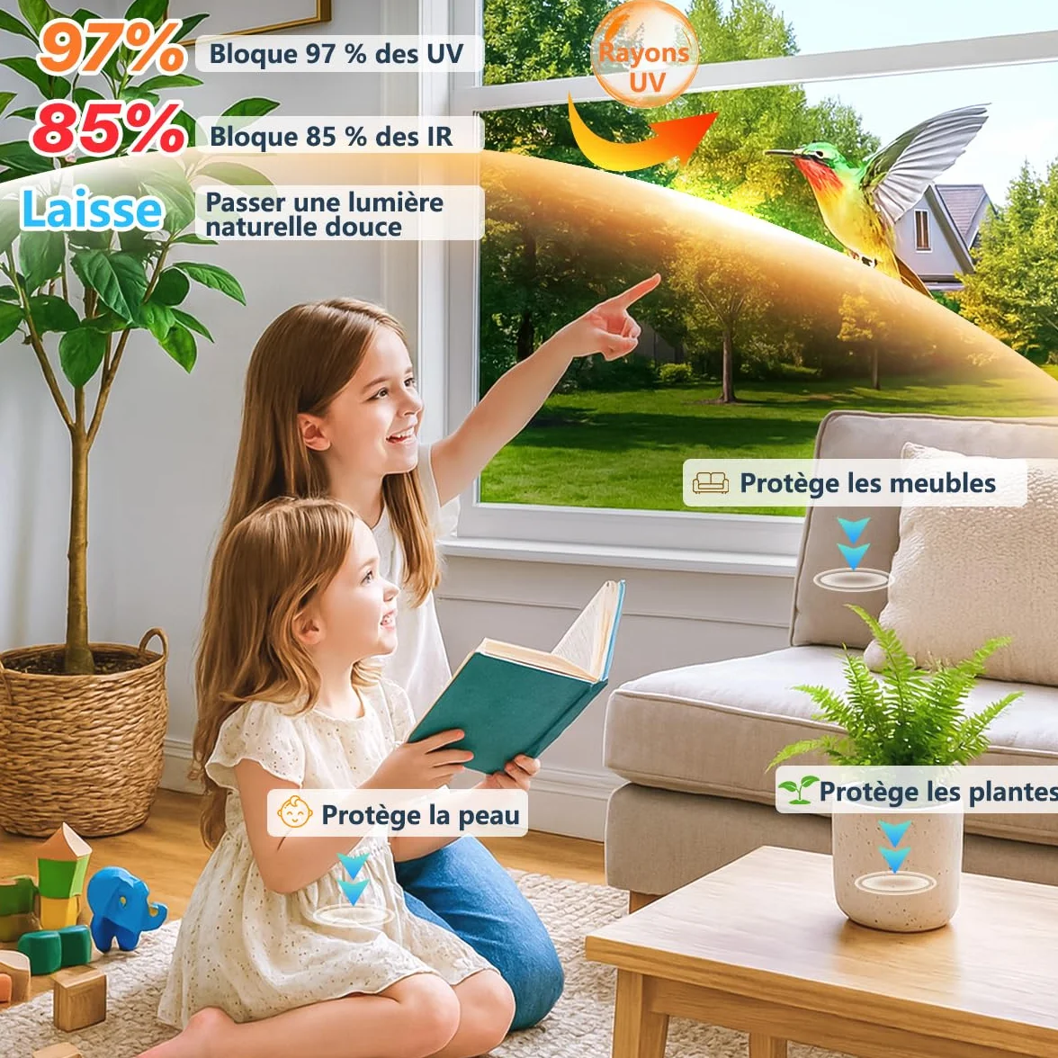 Film Fenetre Anti Regard Anti Chaleur Effet Miroir Anti UV Kit Pose Protection Vie Privée Soleil Maison Bureau Balcon Magasin 44.5x120cm 2 Rouleaux