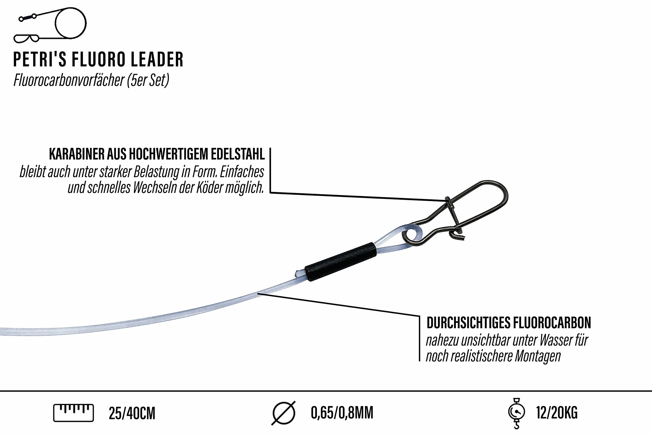 PetrisCatch Lot de 5 bas de ligne en fluorocarbone avec mousqueton pour brochet, 25 cm/40 cm, 12 kg/20 kg
