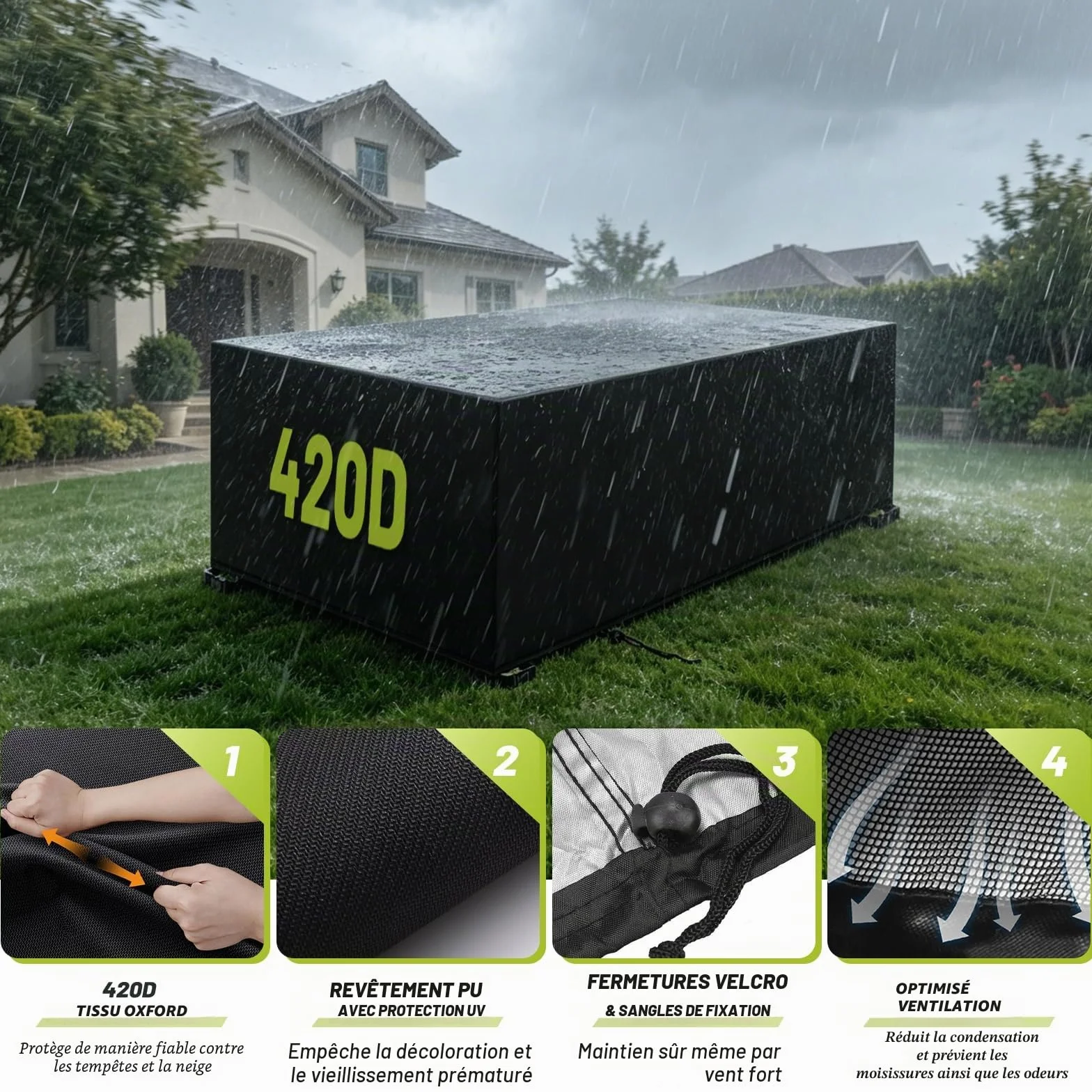 Housse Salon de Jardin Rectangulaire Imperméable Anti-UV pour Table Extérieur 213x132x72cm Noir