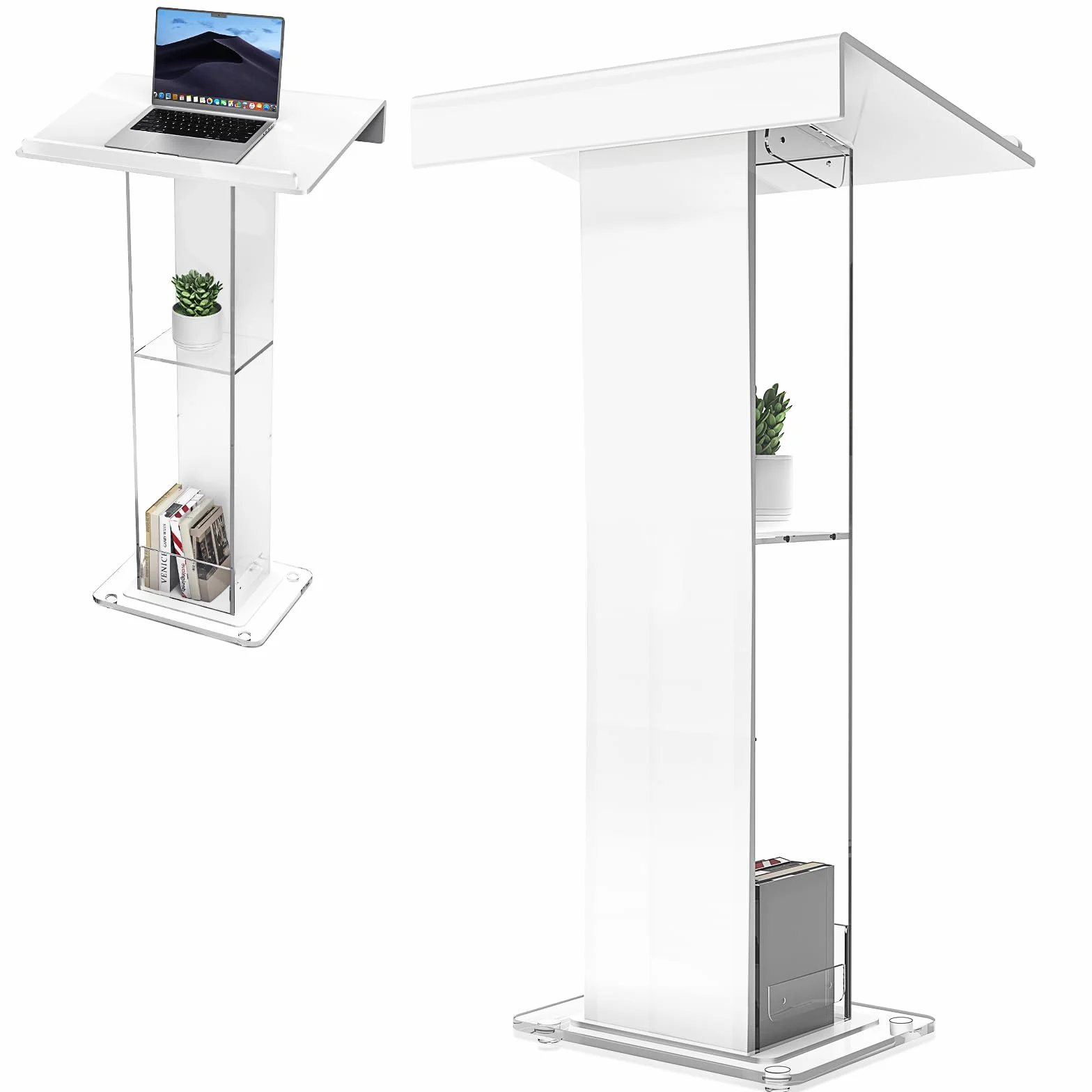 Podium en acrylique blanc avec étagère de rangement, chaire d'église, plateforme de lecture large renforcée, support stable 60 x