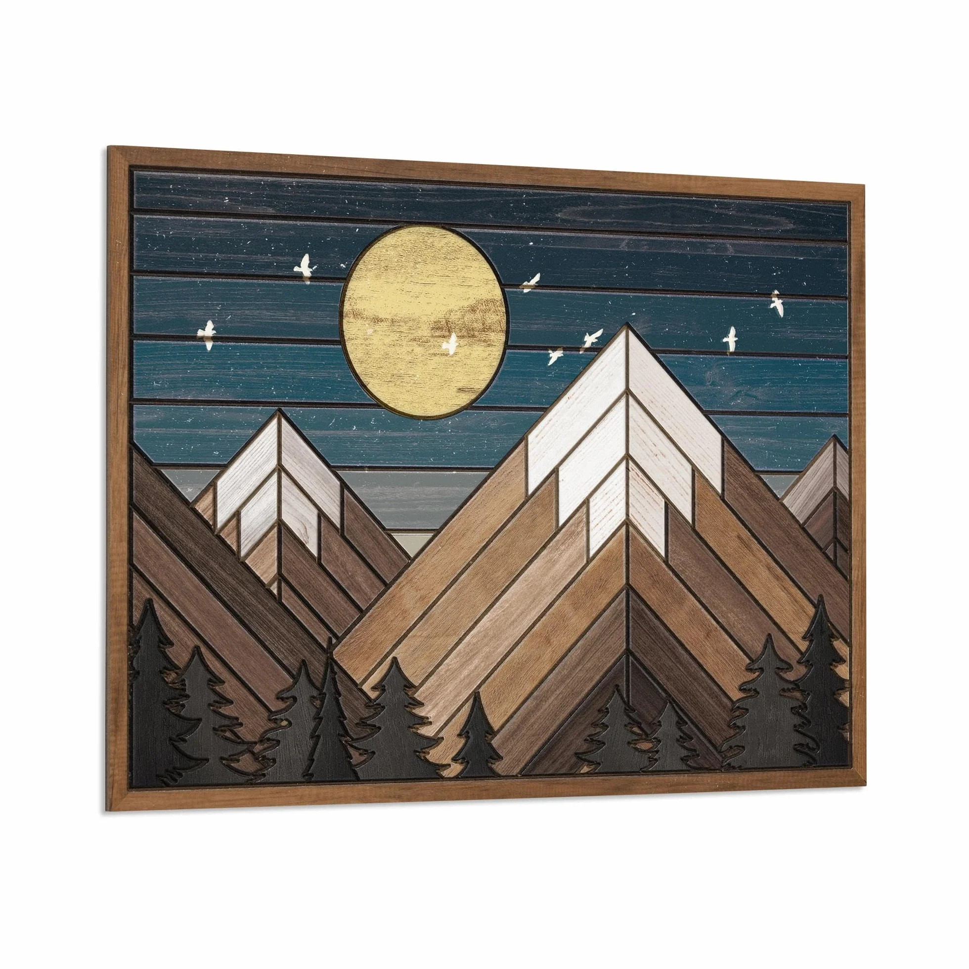 Panneau Mural en Bois Montagne Lune Style Western Décoration Rustique pour Salon