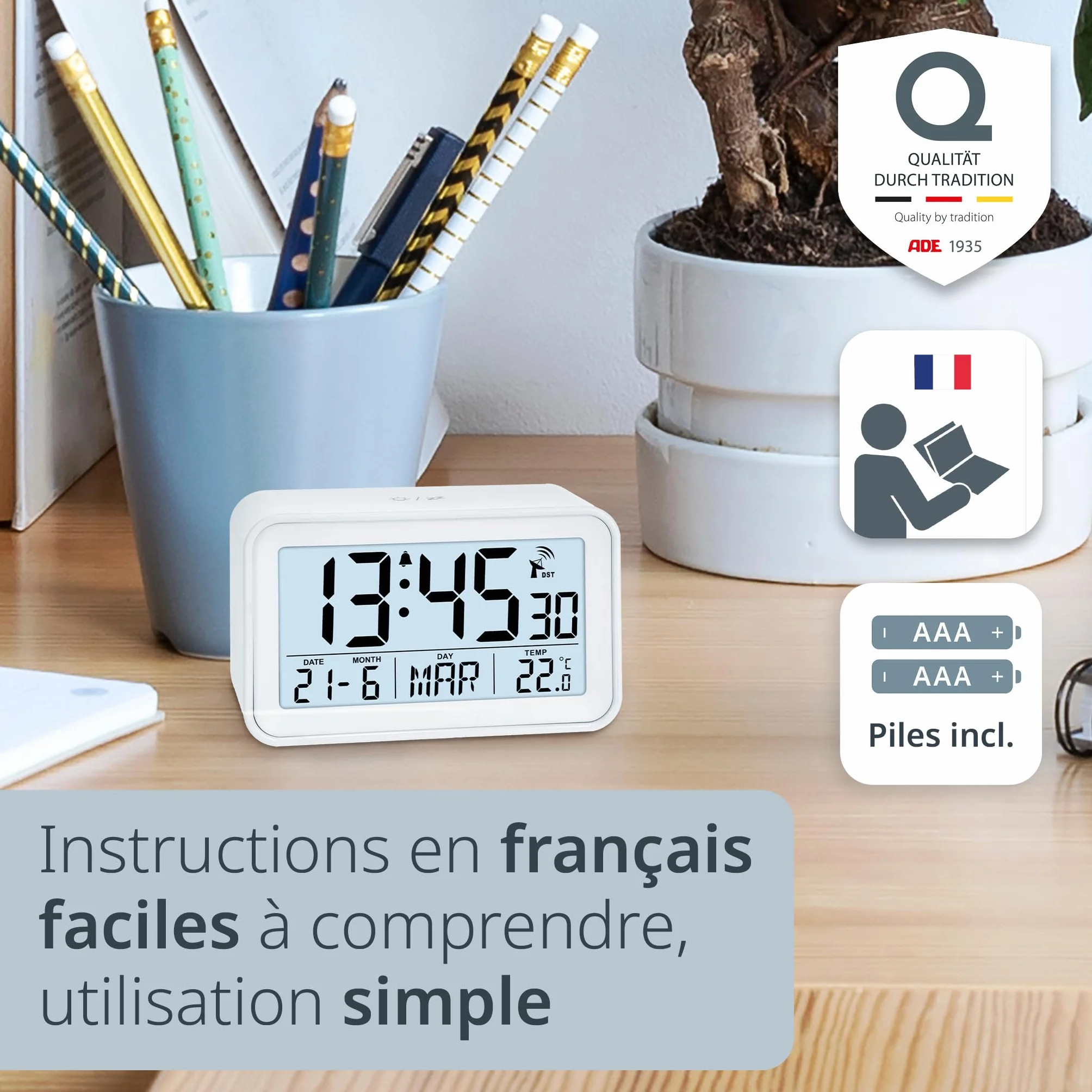 ADE Reveil Matin Radio pilotée Horloge numérique Voyage Affichage température Date Blanc Mat avec Pile