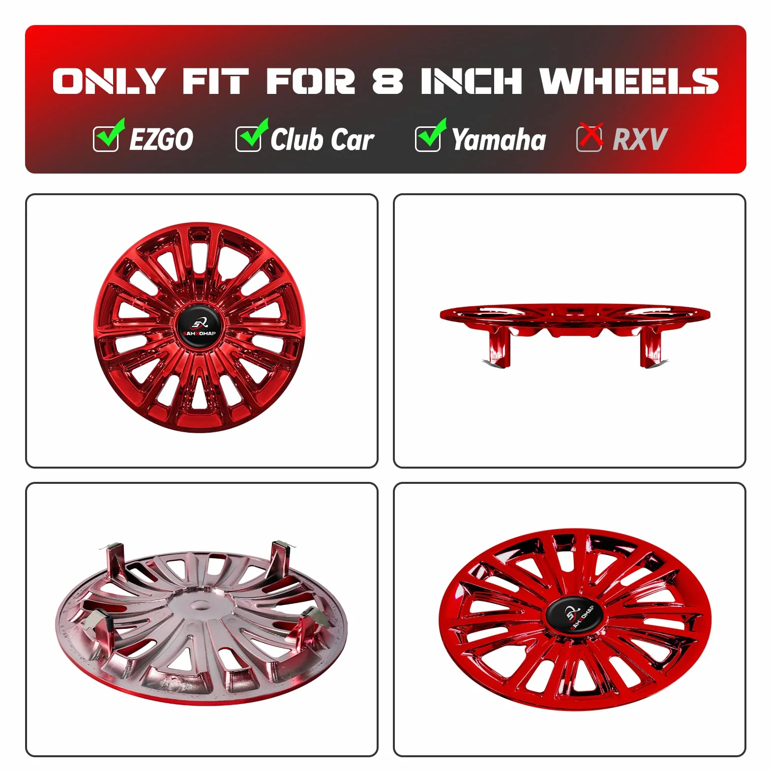 Lot de 4 enjoliveurs de chariot de golf 8" pour EZGO Club Auto Yamaha, plastique ABS rouge