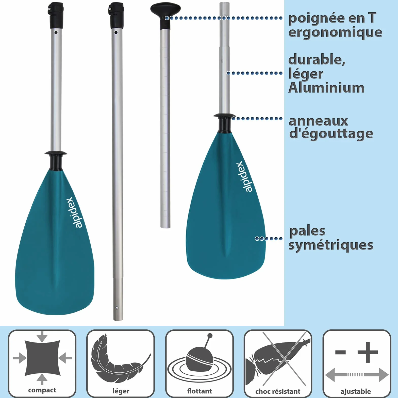 ALPIDEX 2 in 1 Pagaies Canoe Tavola Sup Réglable 160-207 cm Aluminium Pagaie Planche Gonflable Canoë Kayak Double Pagaie Paddle