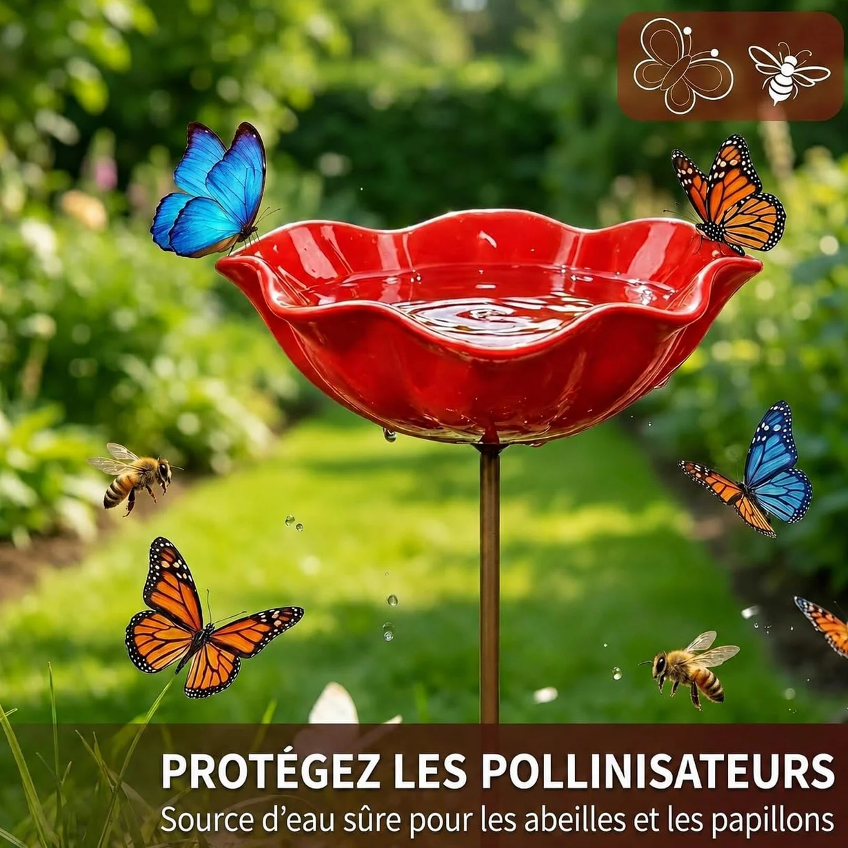 Bain d'oiseaux Extérieur en Forme de Fleur avec Socle et Piquet métallique pour Oiseaux et Abeilles