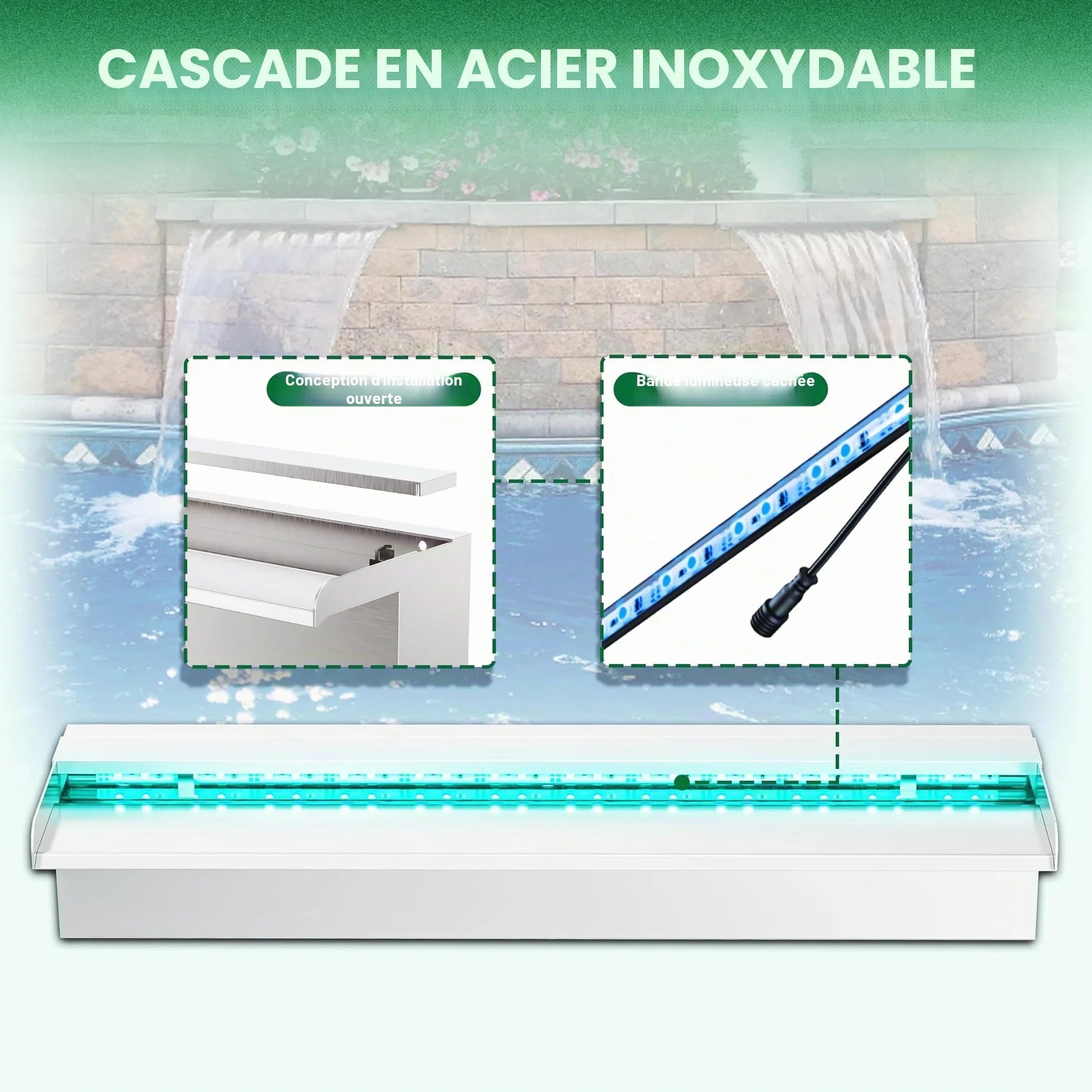 LONGRUN Cascade de Bassin 60 cm, Acier Inoxydable 304, Fontaine Piscine extérieure LED 7 Couleurs Télécommande