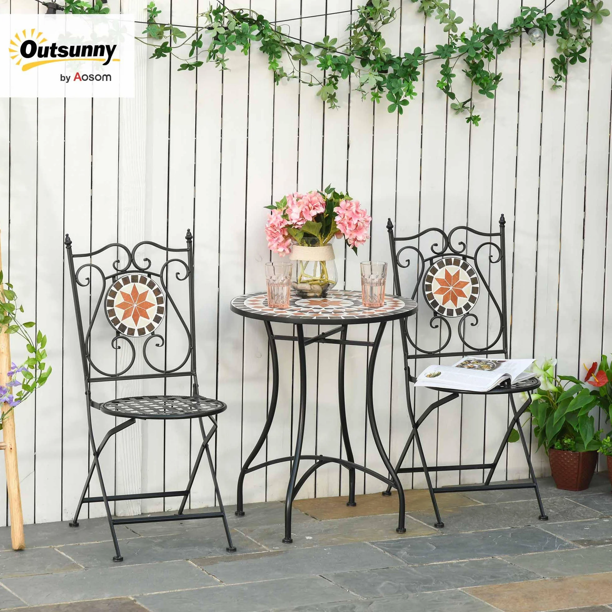 Outsunny Ensemble Bistro 2 Places 3 pièces Fer forgé Mosaïque céramique Motif Rose des Vents Chaises Pliables métal époxy Noir