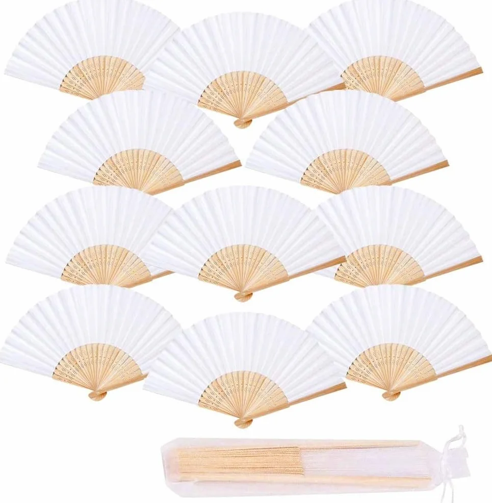 Eventail Mariage Pliant Ventilateur Bois Papier Blanc Japonais Poche Pliante Demoiselles Cadeaux Danse fête décoration DIY 12 pcs