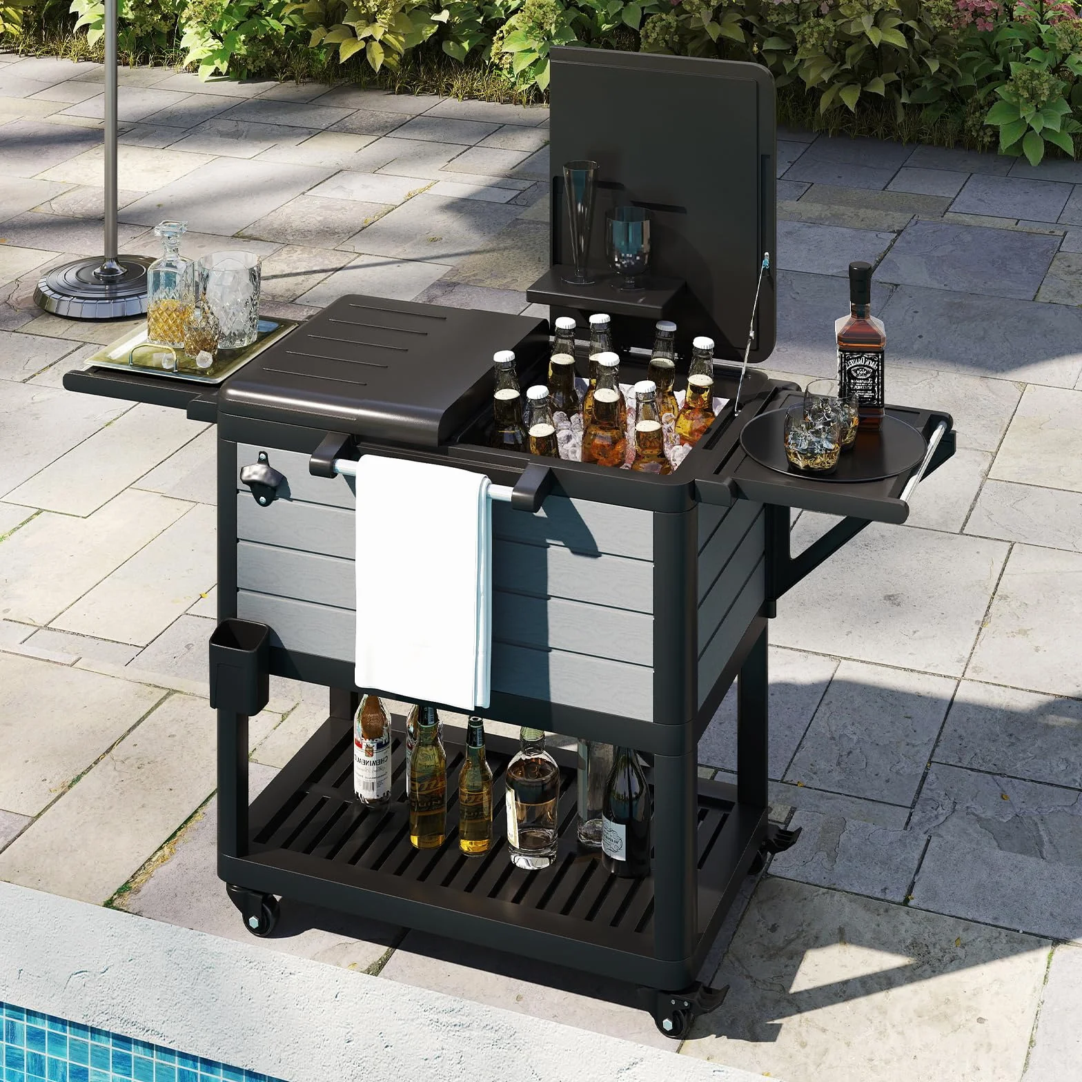 SOARS Glacière à Roulette 91 L, Bar Extérieur Mobile 83 x 50 x 85 cm, avec Séparateur Amovible