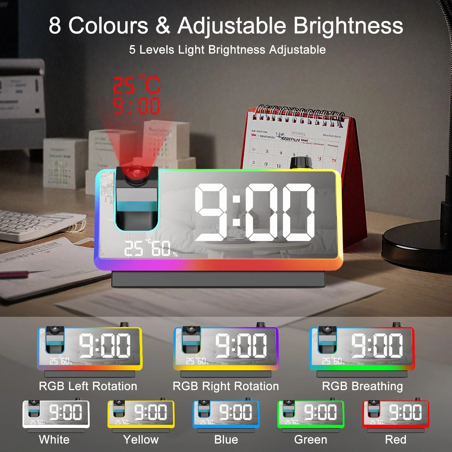Cuteefun Réveil Projecteur Plafond avec Grand Écran LED 7 Pouces, 180°, Double Alarme, Noir