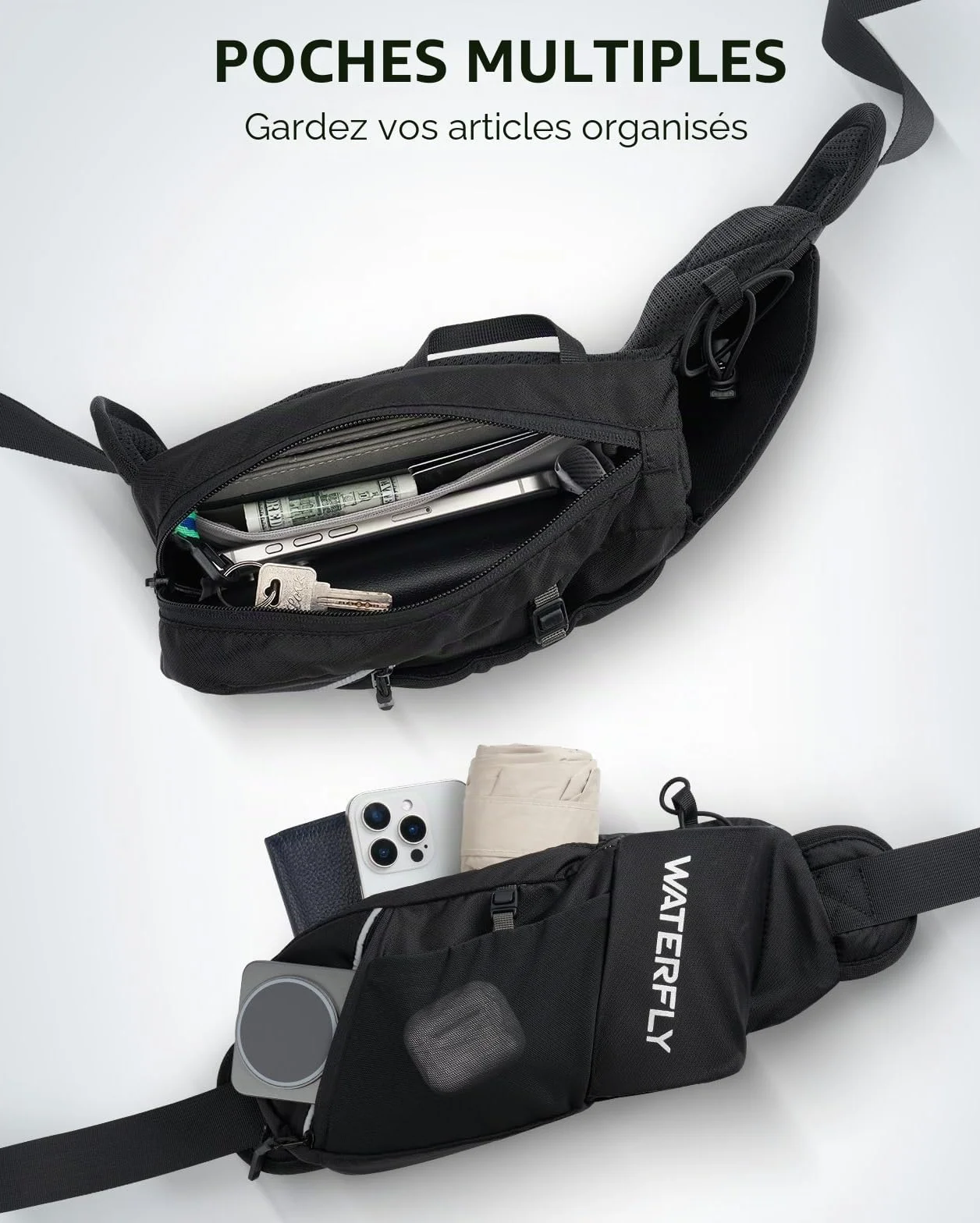 Waterfly Sac Banane Homme Femme: Ceinture de Course avec Porte Bouteille Unisexe Bumbag avec 5 Poches Petite Sacoche Banane de Sport pour Randonnée Cyclisme Balade Ville Vacances Noir