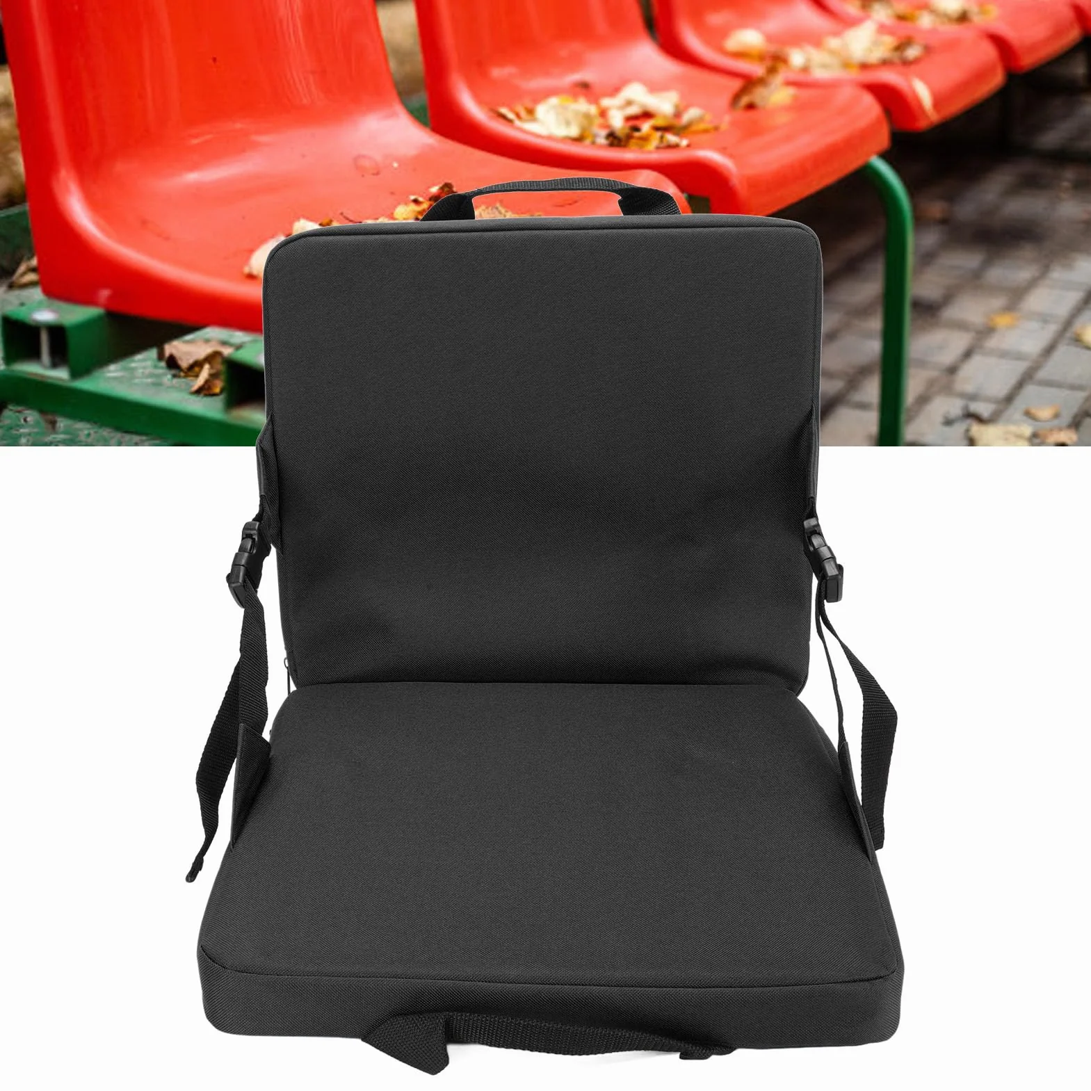 Coussin de siège de stade pliable, avec soutien dorsal, coussin rembourré extra épais, poignée portable, coussin de blanchiment pour extérieur (noir)