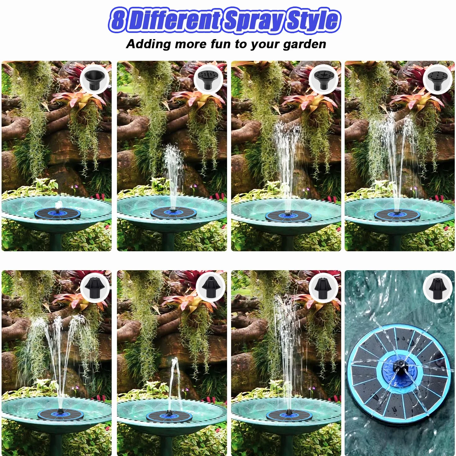 Fontaine Solaire Exterieure 3.5W Pompe Bassin avec 8 Buses 4 Tiges Fixes pour Bain d'oiseaux Étang Jardin