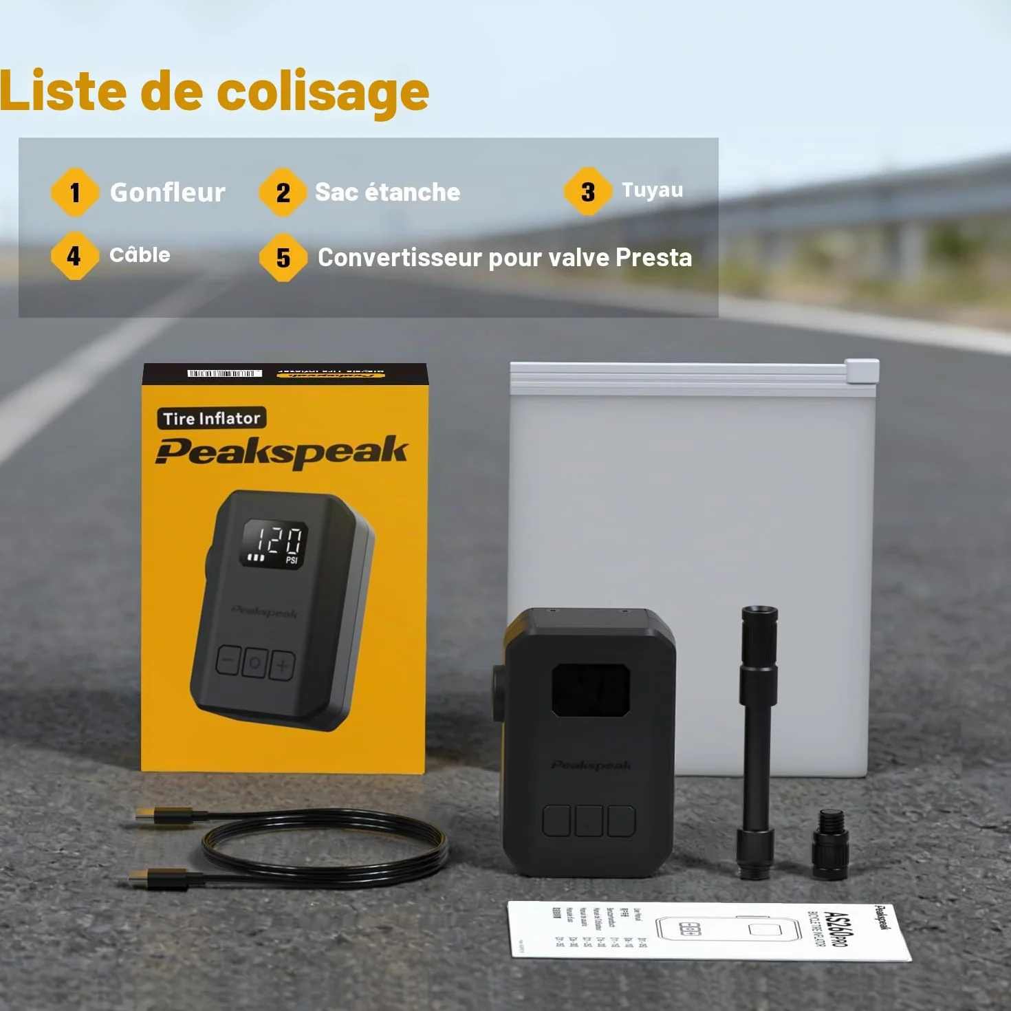 Peakspeak Mini Pompe à vélo AS260PRO, Pompe à vélo avec manomètre et Auto-Stop, Rechargeable USB-C, gonflage précision valves Presta/Schrader, vélo Route, VTT et Moto