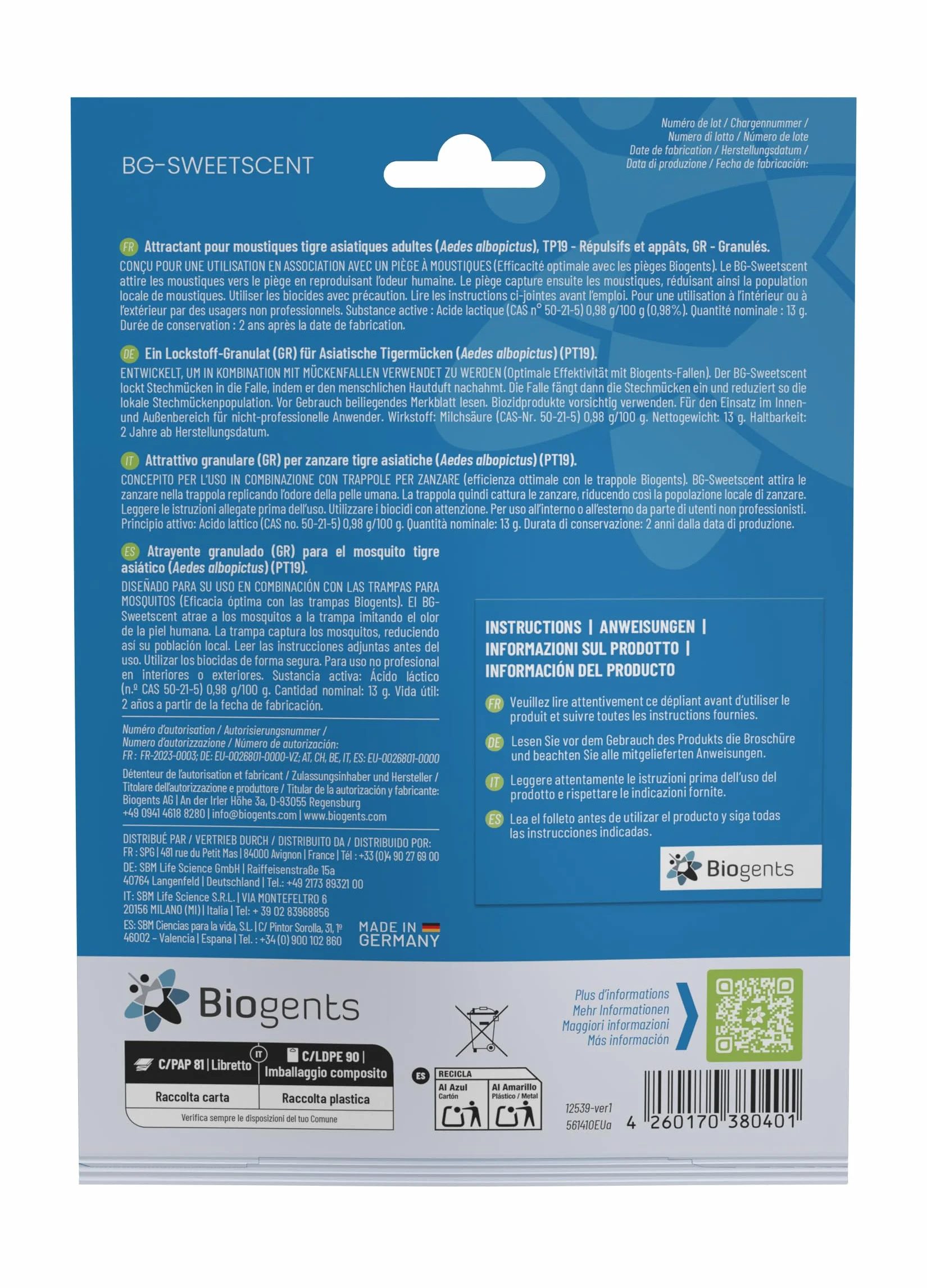 BIOGENTS BG-MOSQUITAIRE Anti-Moustiques Extérieur Piège Recharge 6 Mois Pack Saison BG-SWEETSCENTX3