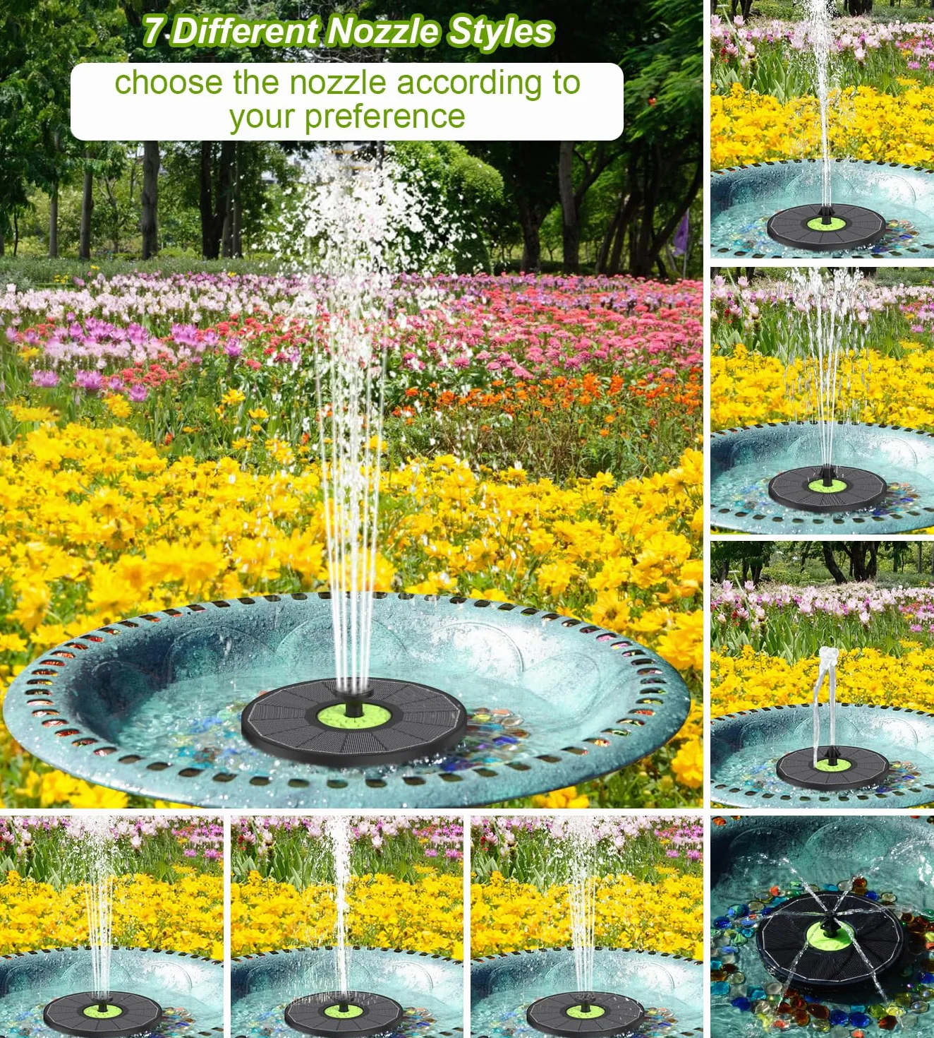 Fontaine Solaire Extérieur 3.5W Flottante Pompe Bassin Solaire Verre 7 Buses 4 Tiges Fixes Noir
