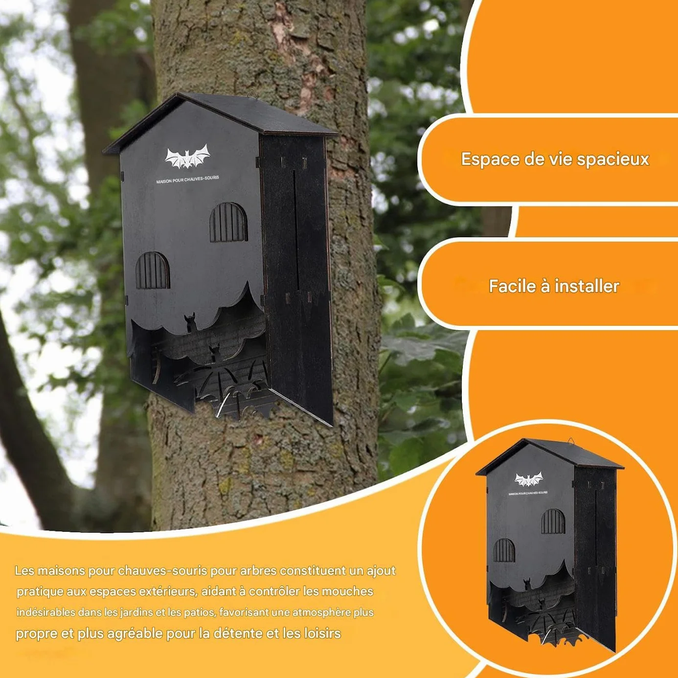 Maison pour Chauves Souris Extérieur - Nid en Bois Habitat 3 Chambres à Fixer au Mur