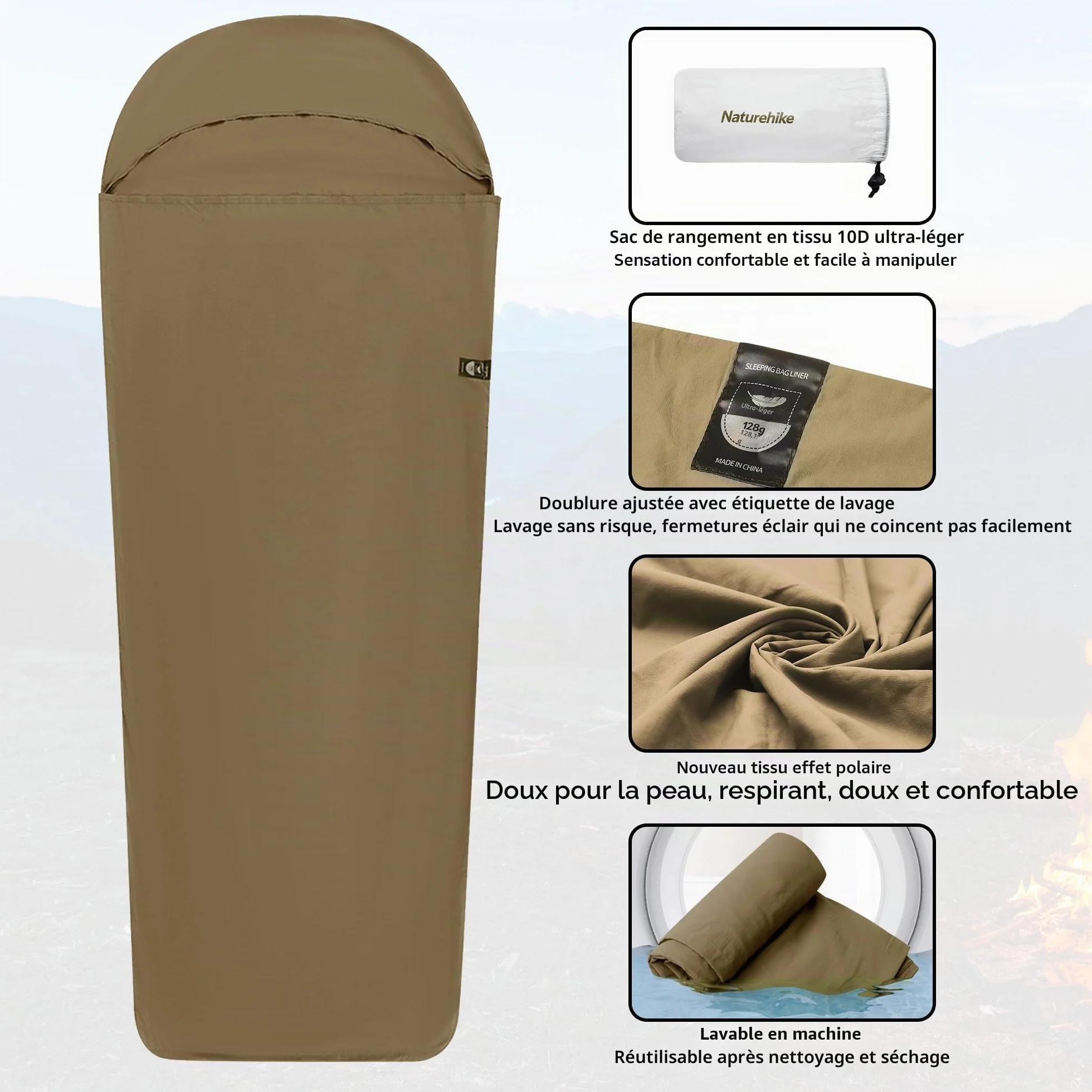 Naturehike Sac de Couchage de Refuge Ultralight Liner Seulement 128g Couverture de Voyage avec Small Pack Size Sac de Couchage Intérieur pour Le Backpacking, Les Auberges, Le Camping