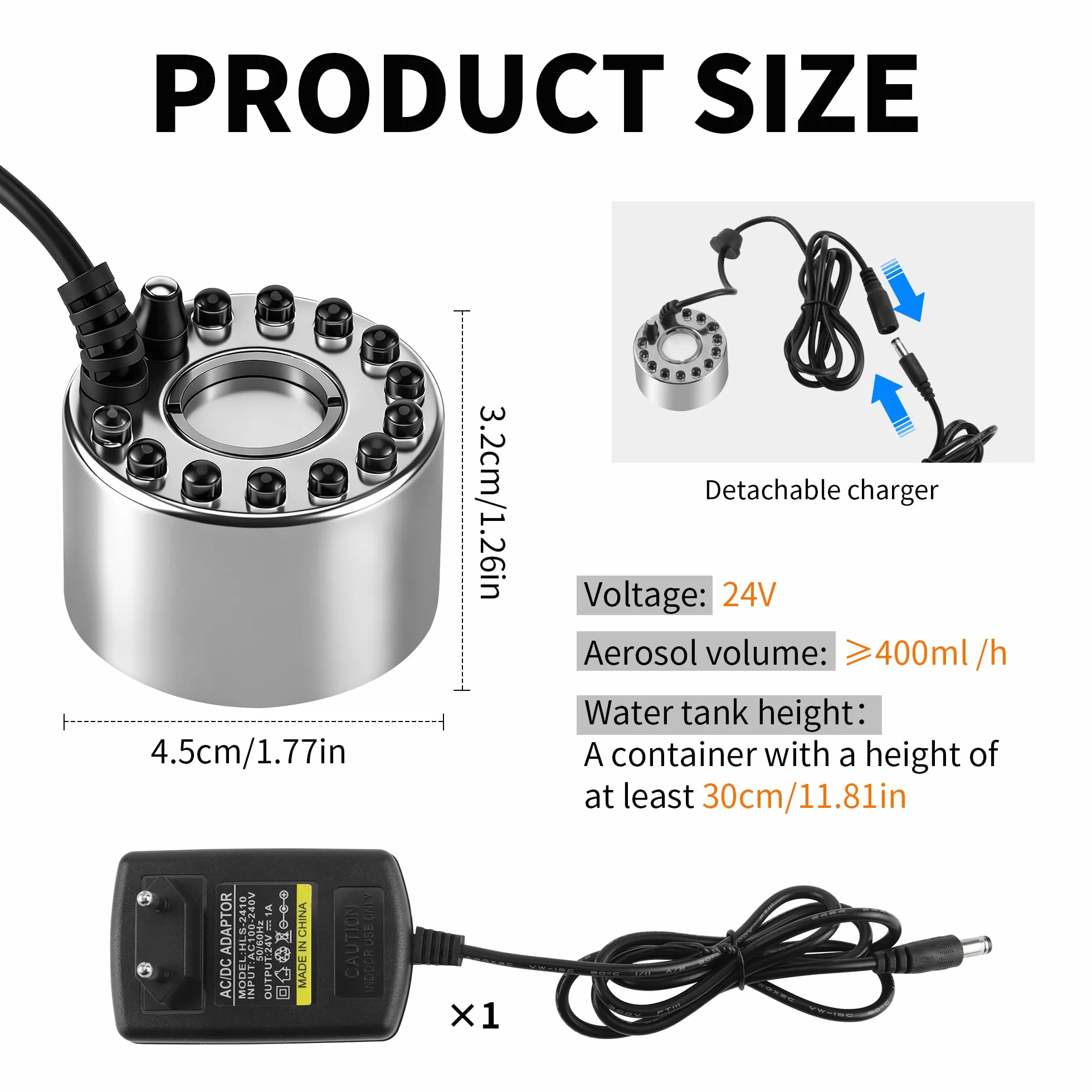 Brumisateur à Ultrasons Mini avec Adaptateur 24V pour Fontaine Étang Brouillard Décoration
