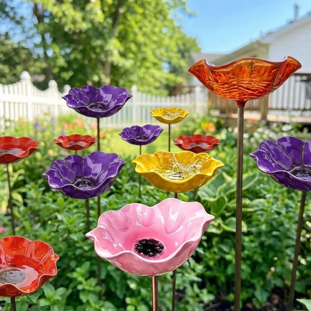 Bain d'oiseaux Extérieur sur Pied en Métal Forme de Fleur, Mangeoire & Abreuvoir pour Jardin Balcon