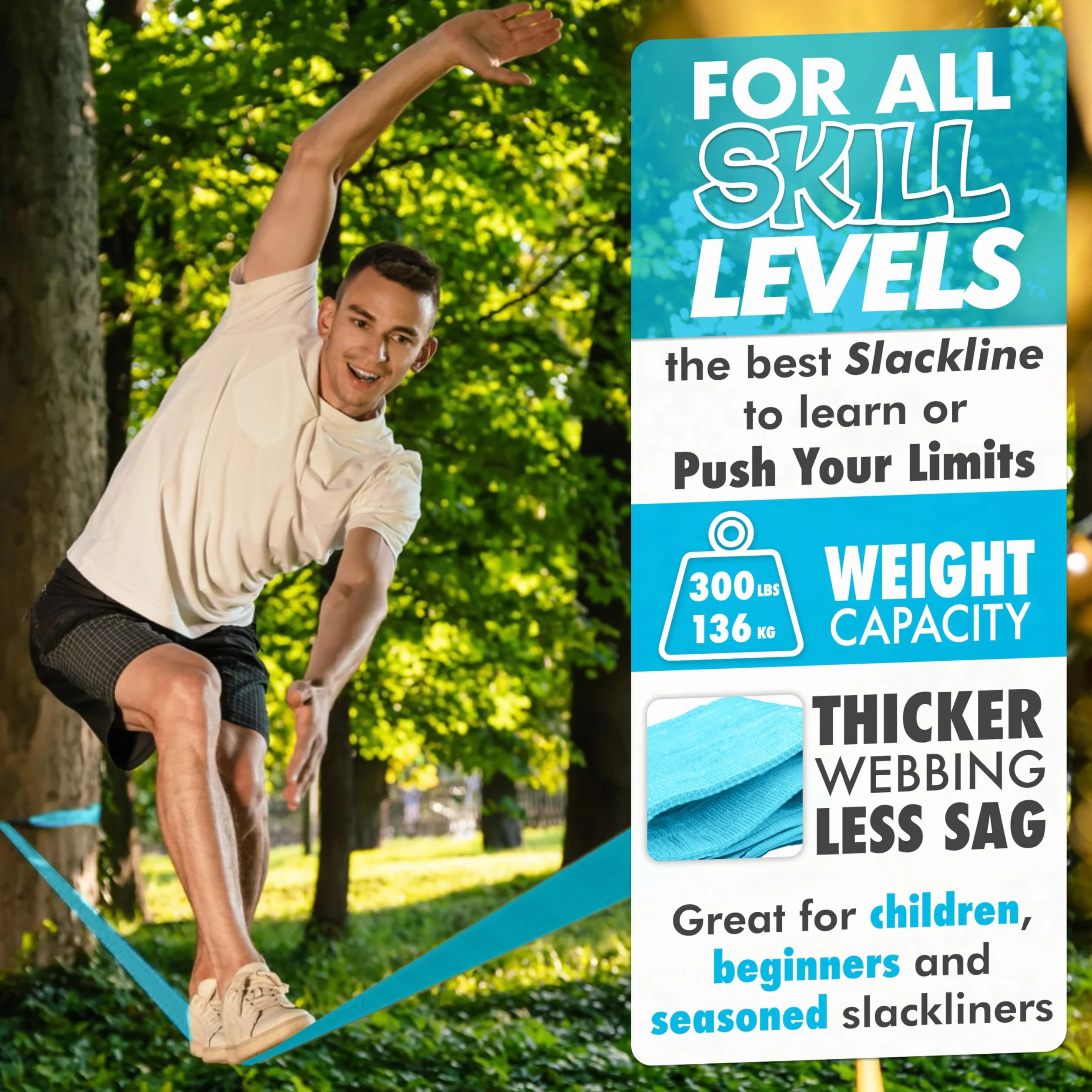 Premium Slackline Kit - Slackline Set 15 m avec Protecteurs d’Arbre Couvertures à Cliquet + Sac de Transport - Parfait Activité Fun en Plein air pour Les Enfants et la Famille