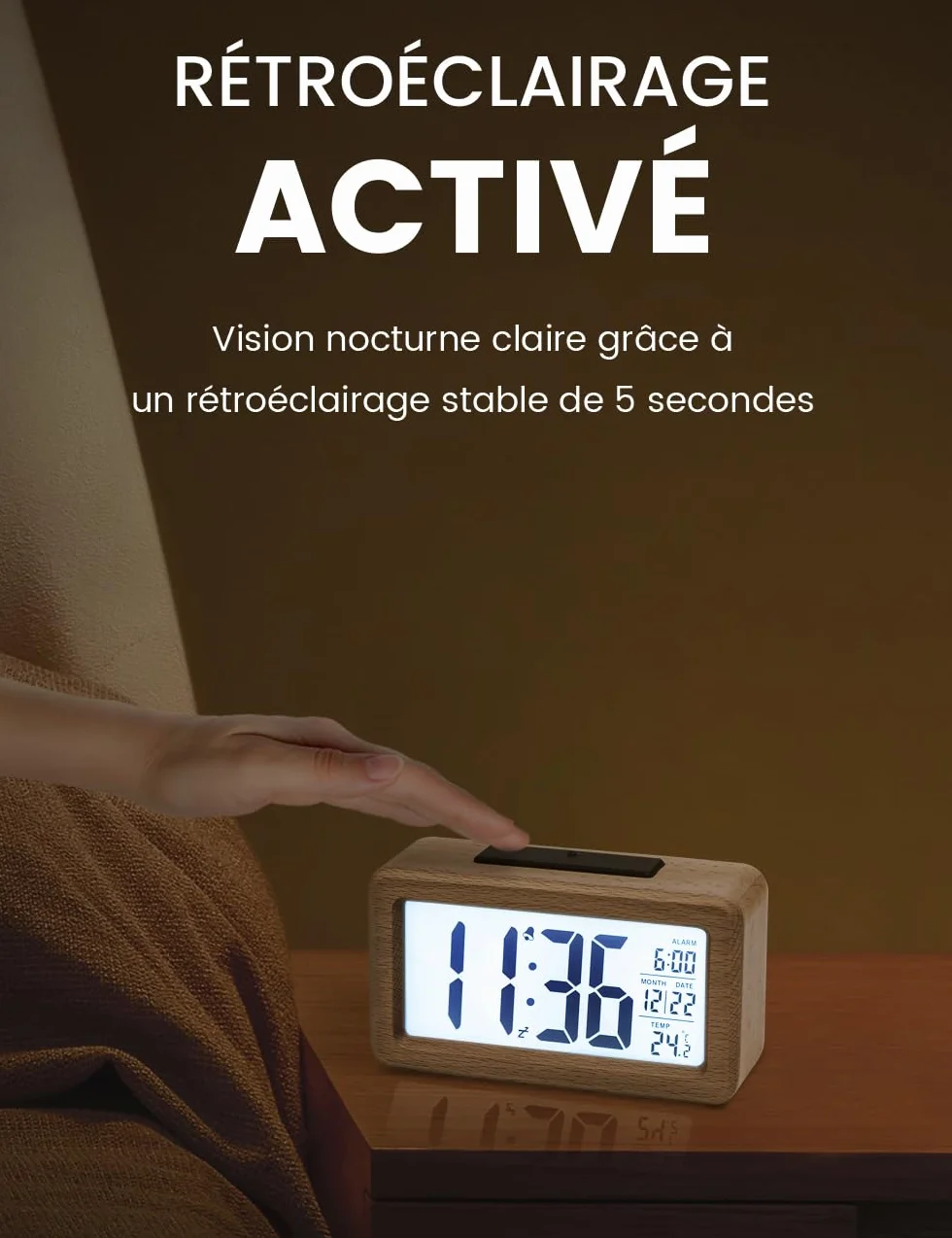 aboveClock Réveil Numérique en Bois avec LCD, Date, Température, Snooze, Alimenté par Piles AAA