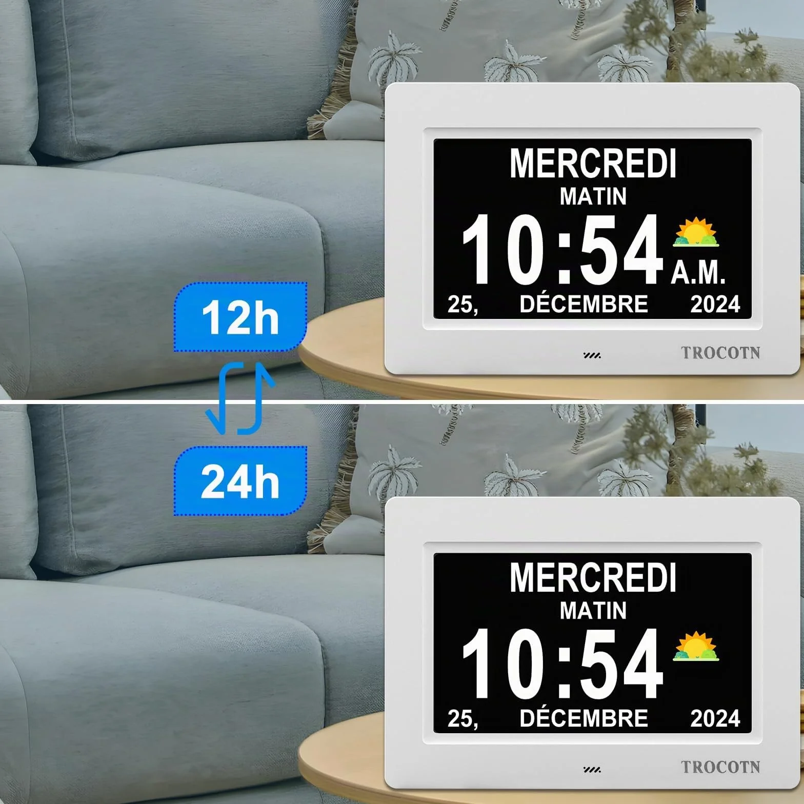 Horloge numérique Grand écran avec Calendrier pour Seniors, 7 Pouces Blanc