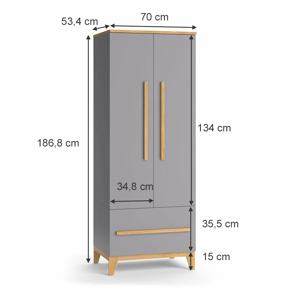 VitaliSpa Armoire pour Enfants Malia Gris 70x186.8cm Rangement Vêtements