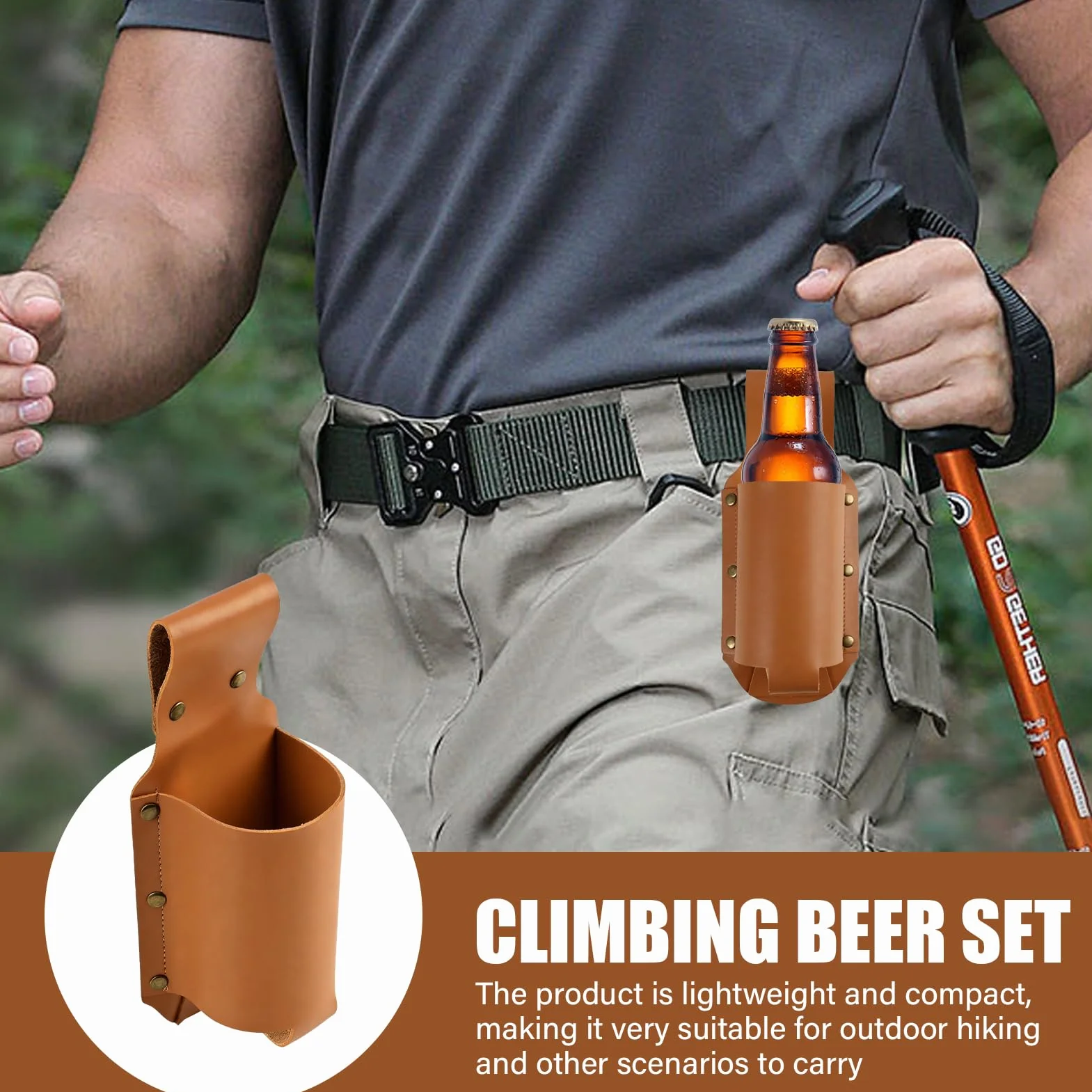 Ceinture de Bière en Cuir Porte Bouteille pour Ceinture, Support Canette et Bouteille Portable, Accessoire Mains Libres pour Voyage Randonnée Barbecue Fête Cadeau pour Homme, Marron