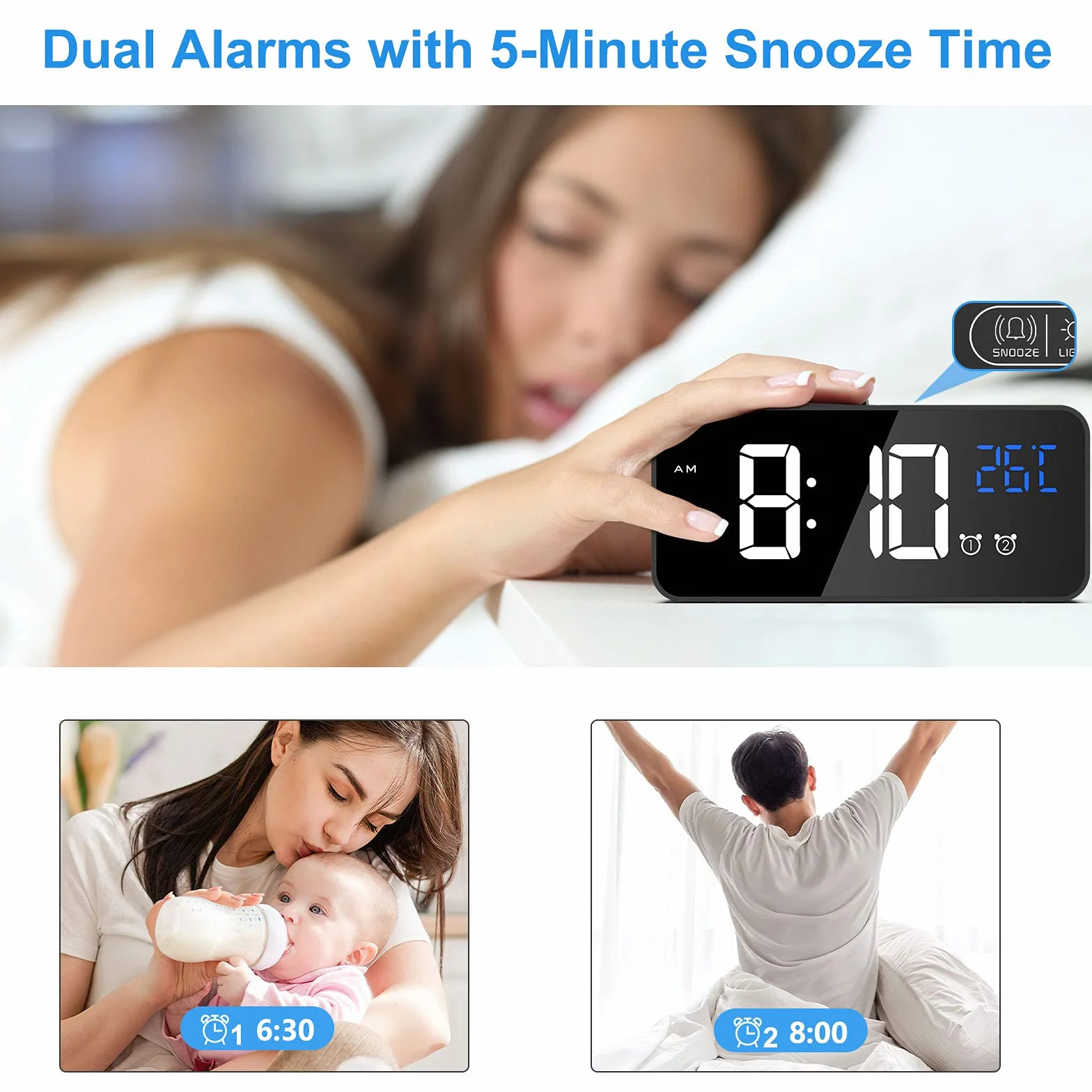 CHEREEKI Réveil Numérique LED avec Température, Snooze, 2 Alarmes, 12/24H, USB
