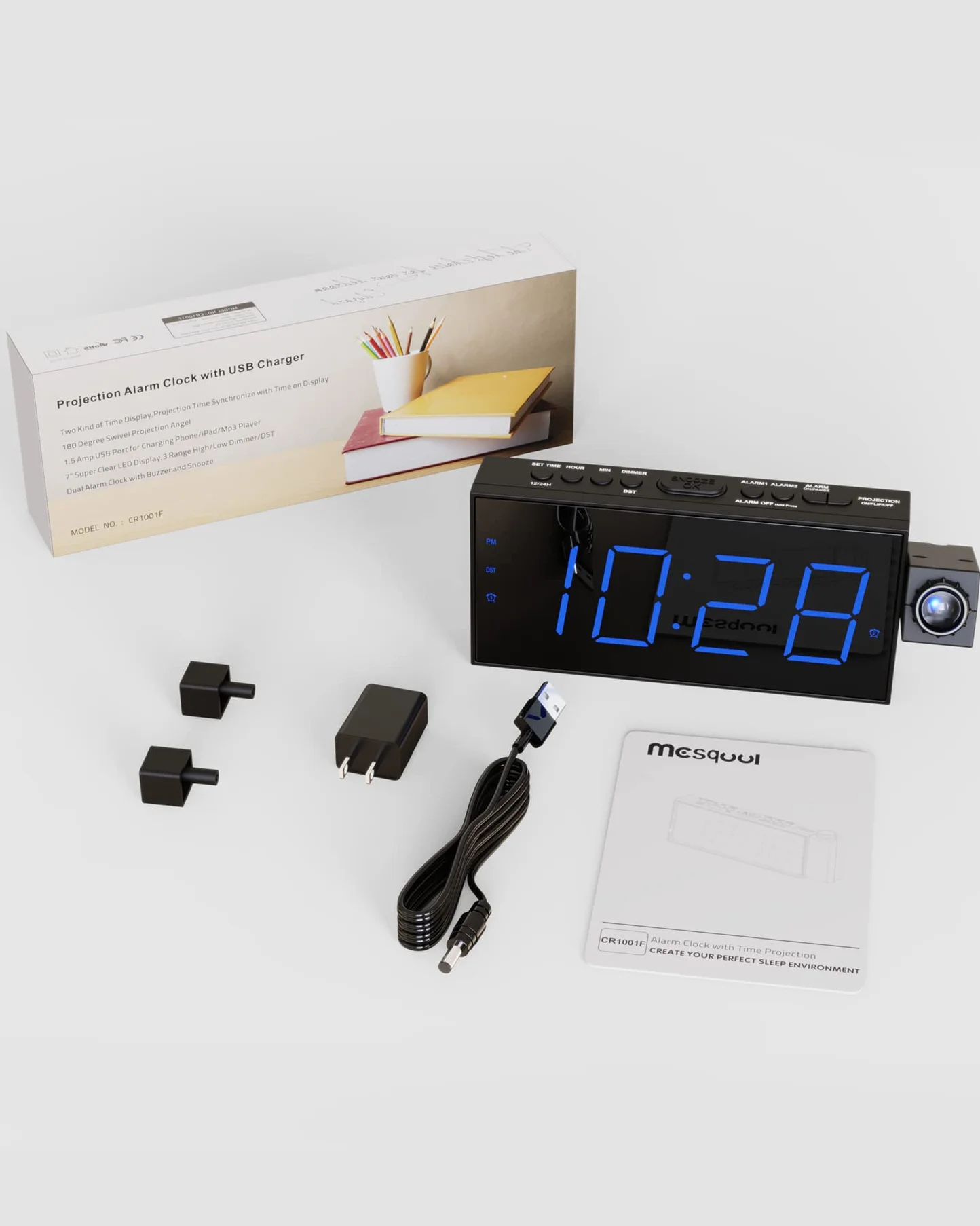 Reveil Projecteur Enfants LED 180° 7" Plafond Snooze Luminosité Réglable 12/24H
