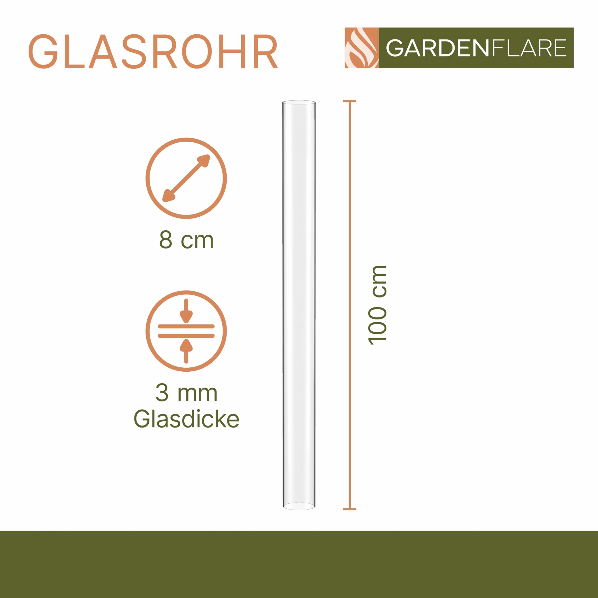 GARDENFLARE Tube en Verre Pièce de Rechange sans Fond 100 cm – Verre résistant à la Chaleur pour Colonne de feu, Torche à pellets