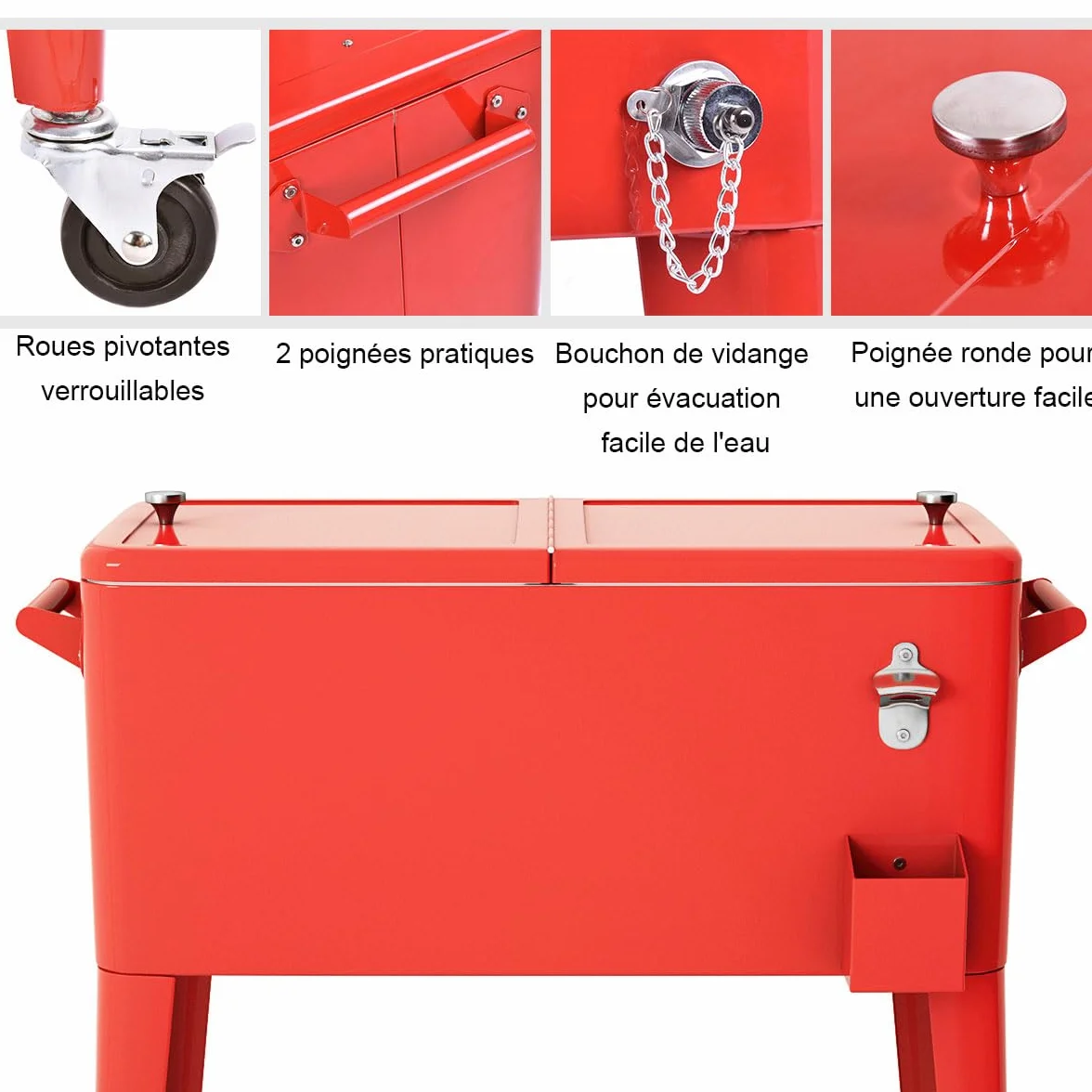 GOPLUS Chariot de Glacière 76 L sur roulettes, Desserte Jardin 4 Roulettes, pour Terrasse, Pique-Nique, 91x48x87cm Rouge