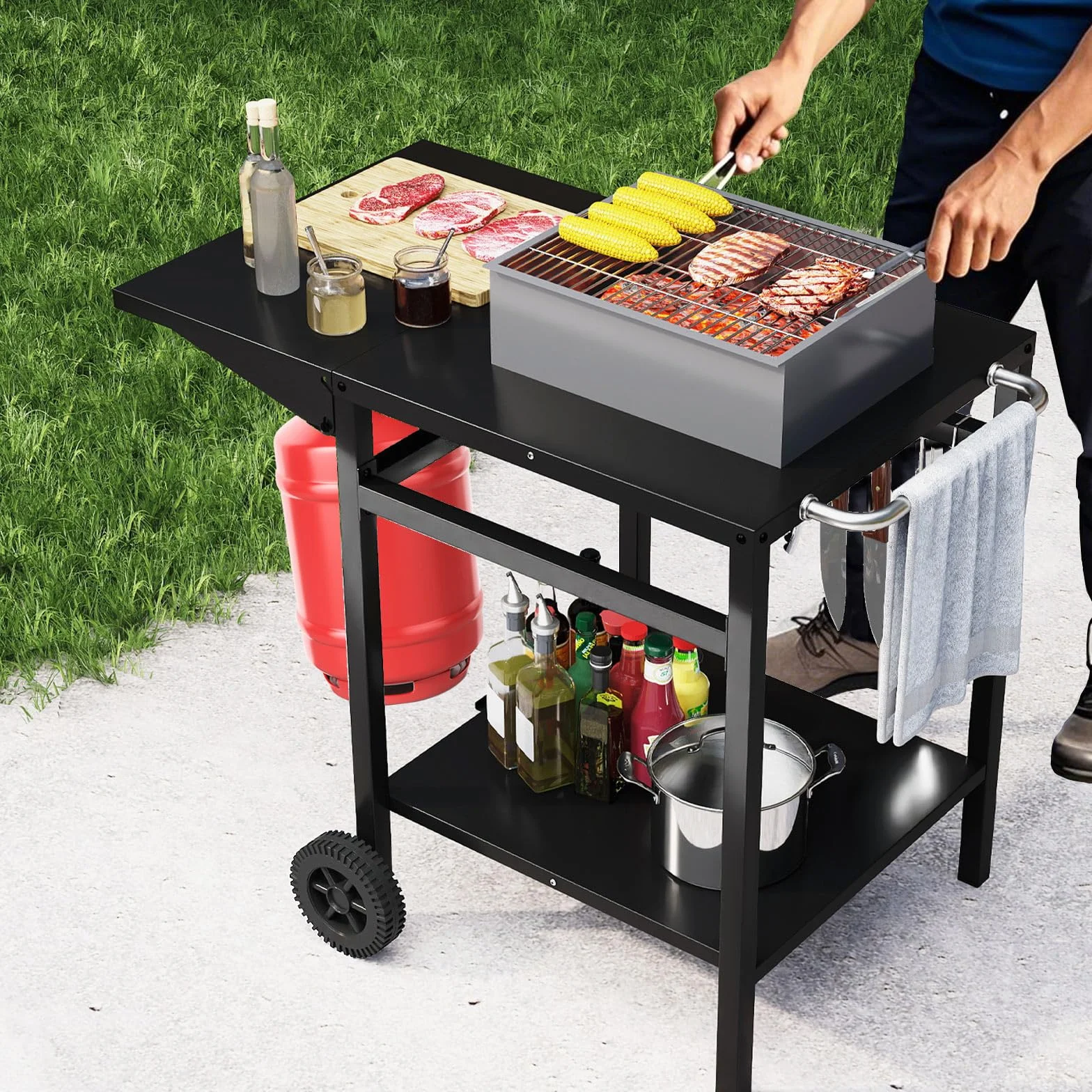 GOPLUS Desserte Jardin Chariot Barbecue avec 2 Roues, Plateau Pliant, 96,5x64x75cm, Noir
