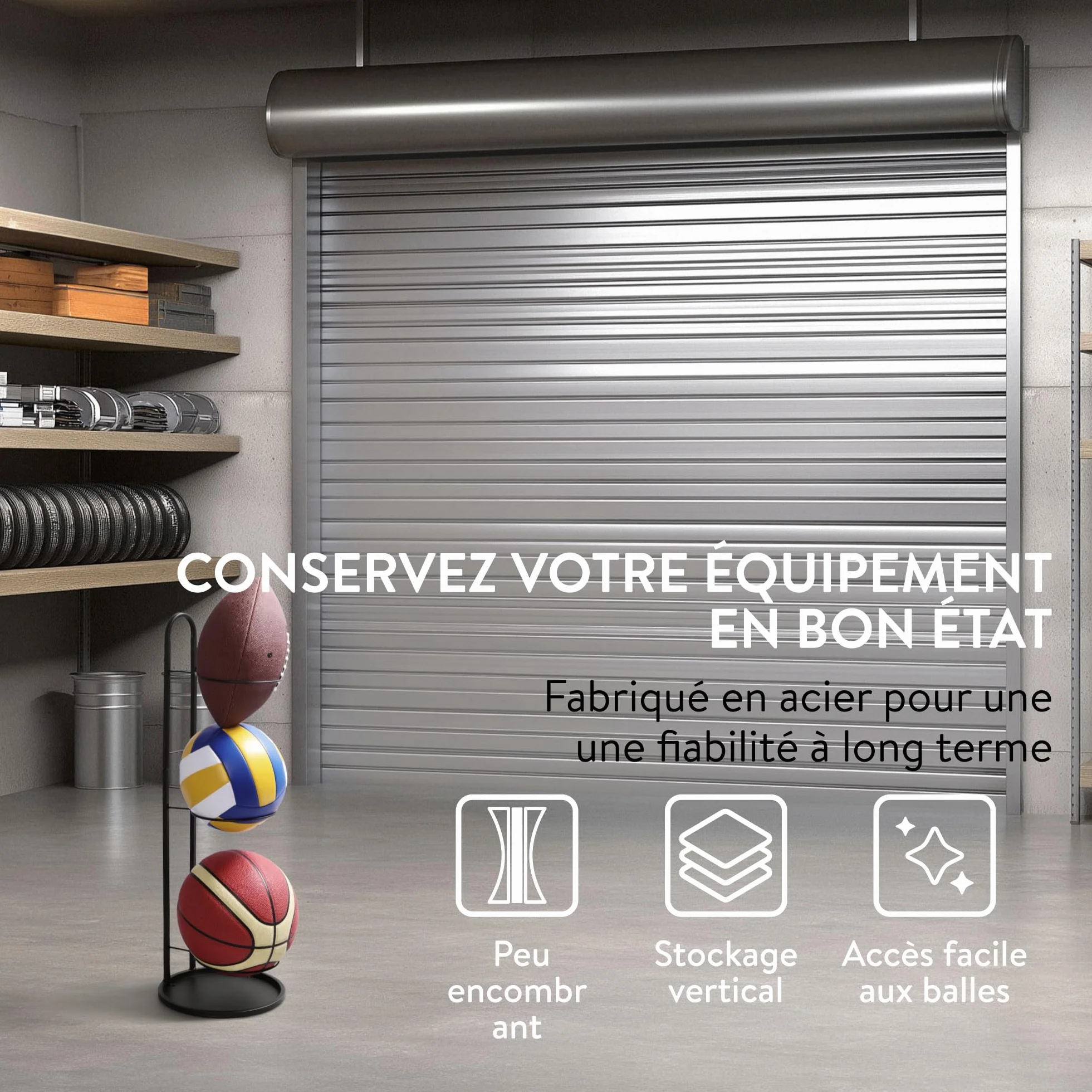 Navaris Support Ballon Foot - Rangement Ballon de Volleyball Basket en Acier Carbon 70 x 24,5 cm avec 3X Socle - Range Ballon pour Salle de Sport Garage Entrée de Maison