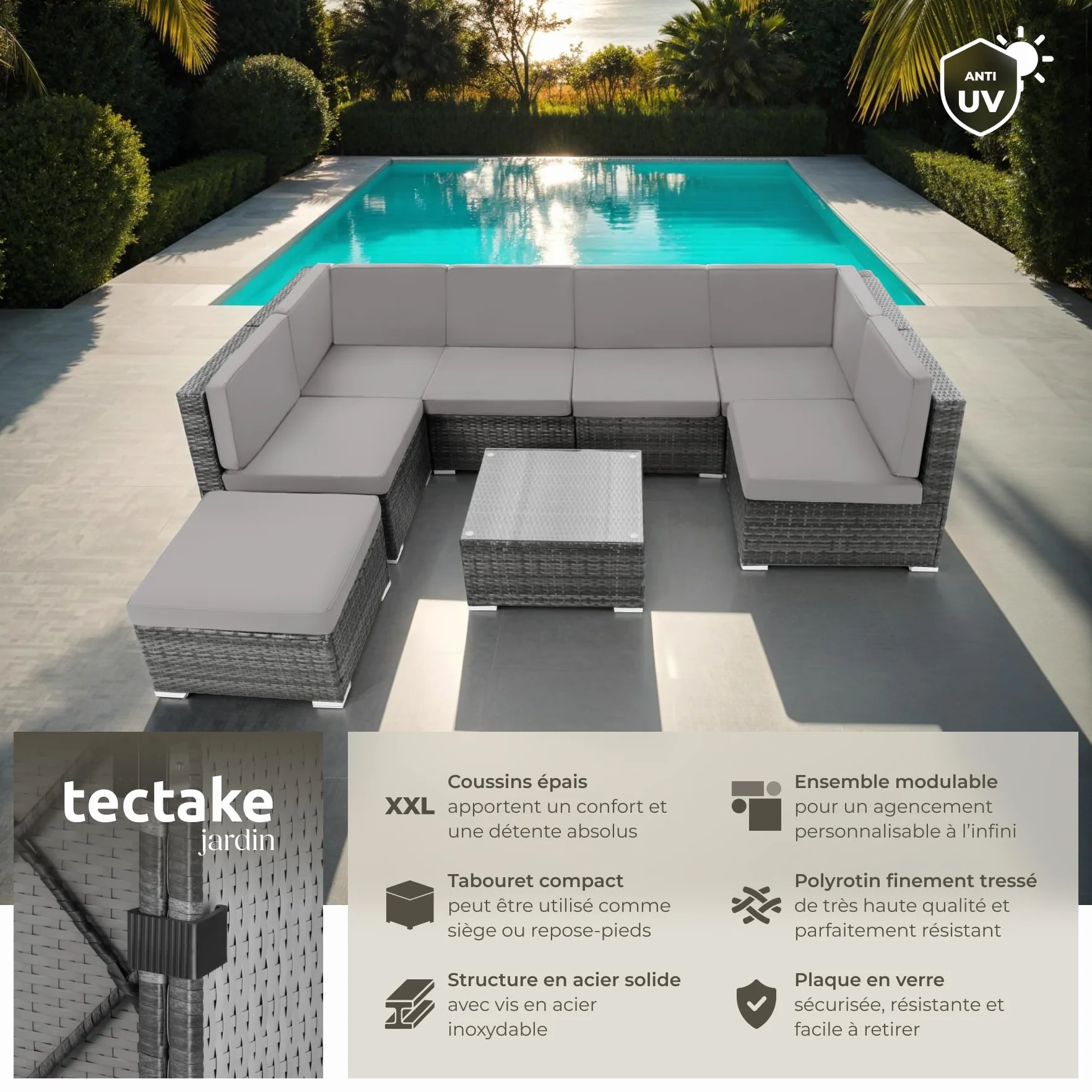 Tectake Salon de Jardin en Rotin Modulable, Canapé Ensemble 6 Fauteuils 1 Tabouret Pouf 1 Table Gris