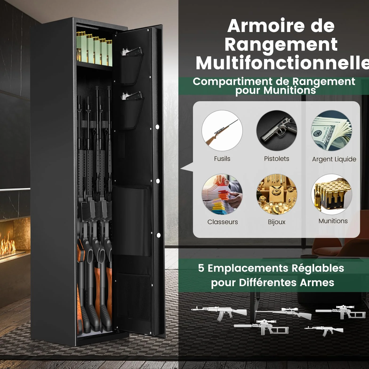 COSTWAY Armoire à 5 Fusils avec Clavier Numérique, Coffre-fort Biométrique avec Pochettes à Pistolet, Boîte Verrouillable Mode Silencieux, pour Fusils et Carabines à la Maison