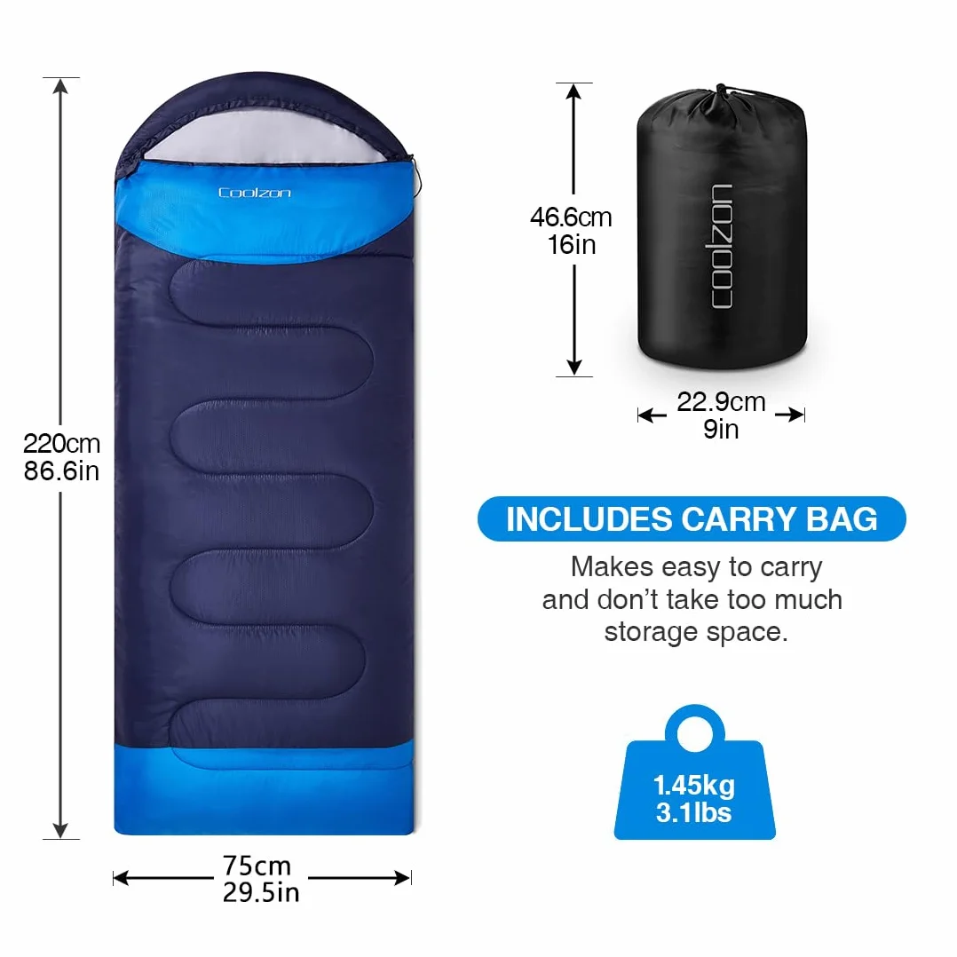 Coolzon Sac de Couchage d'extérieur pour Le Camping, pour 3-4 Saisons, Couverture Adulte, Petite Taille, Sac de Transport Ultra léger, Doux, épais et Chaud, pour Le Camping en Plein air, Les Voyages