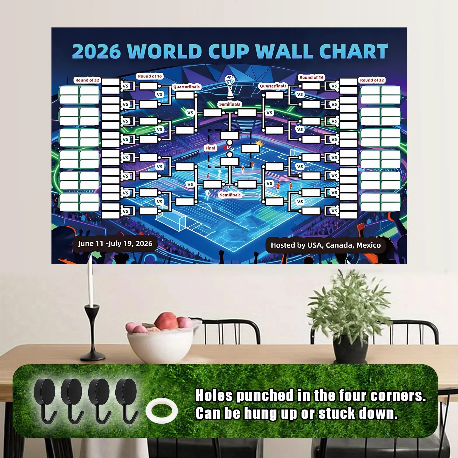 90 * 60cm Poster Coupe du monde de football 2026 Décoration pour fête de la Coupe du Monde Pour Les Fans De Football Et Faire La FêTe Crochets inclus
