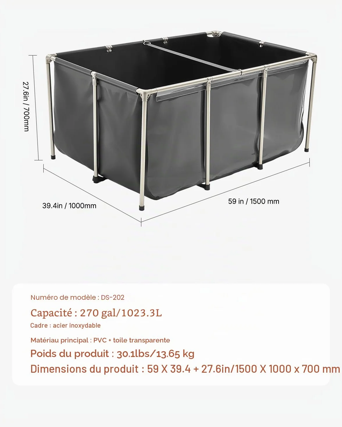 VEVOR Bassin à Poissons Hors Sol 1023,3 L PVC Toile avec Panneau Transparent Cadre Acier Inoxydable Vanne de Vidange Noir
