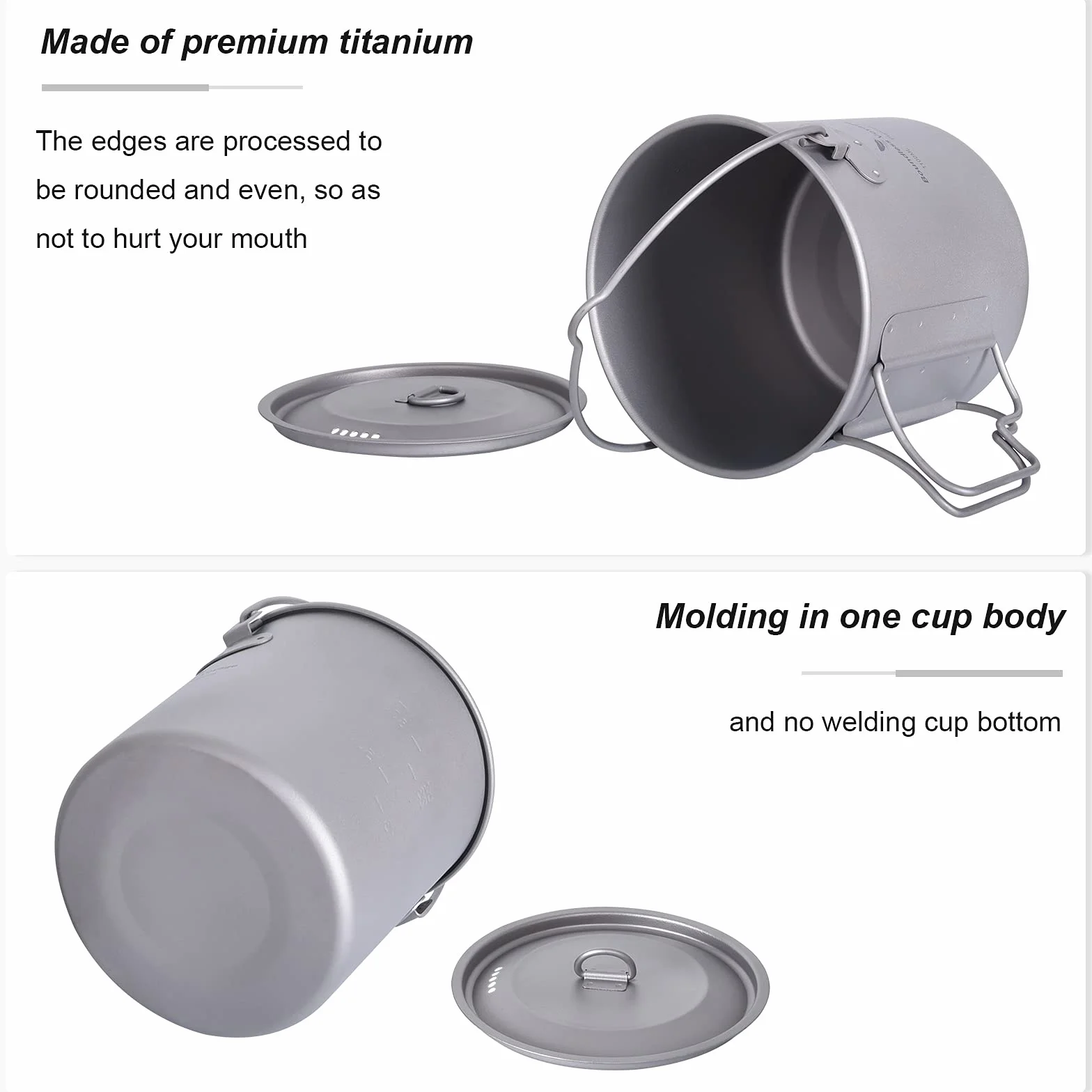 Boundless Voyage Outdoor 300ml 750ml 1100ml 1300ml 2900ml Titanium Pot with Lid Folding Bail Handle Camping Hiking Picnic Ultralight Portable Water Bottle Cup Mug Spork Set